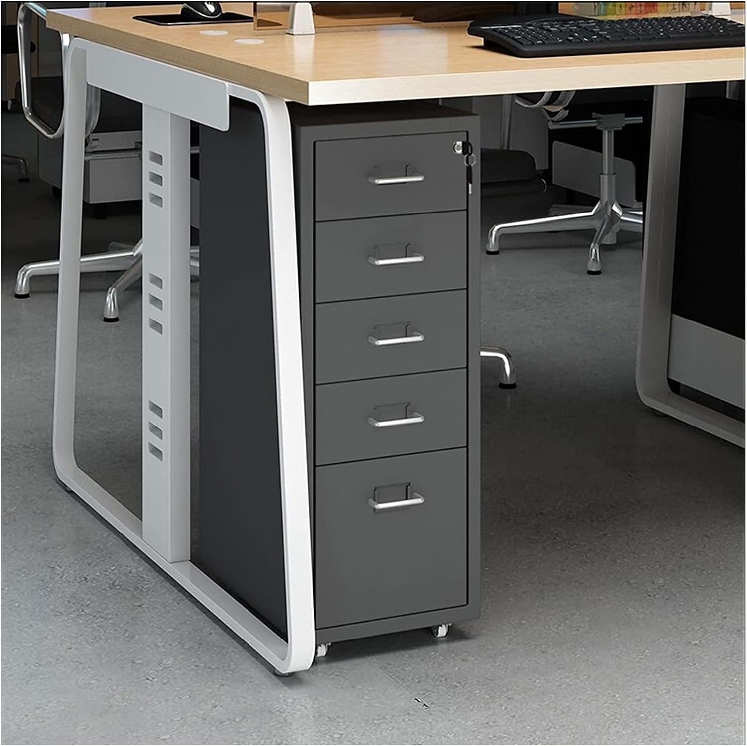 Slim File Cabinet with Lock, 5 Drawer Metal Mobile Filing Cabinet for Legal/Letter/A4 Size, Office Storage and Organizer for File Folders, Easy Mobility and Secure Storage
