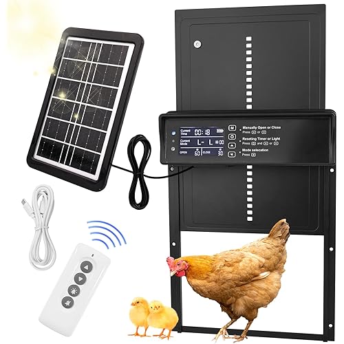 Automatic Chicken Coop Door Solar Powered, LCD Screen Chicken Coop Door with Timer & Light Sensor, Anti-Pinch, Aluminum Waterproof Chicken Door with Remote Control, 4 Modes Auto Chicken Door Solar