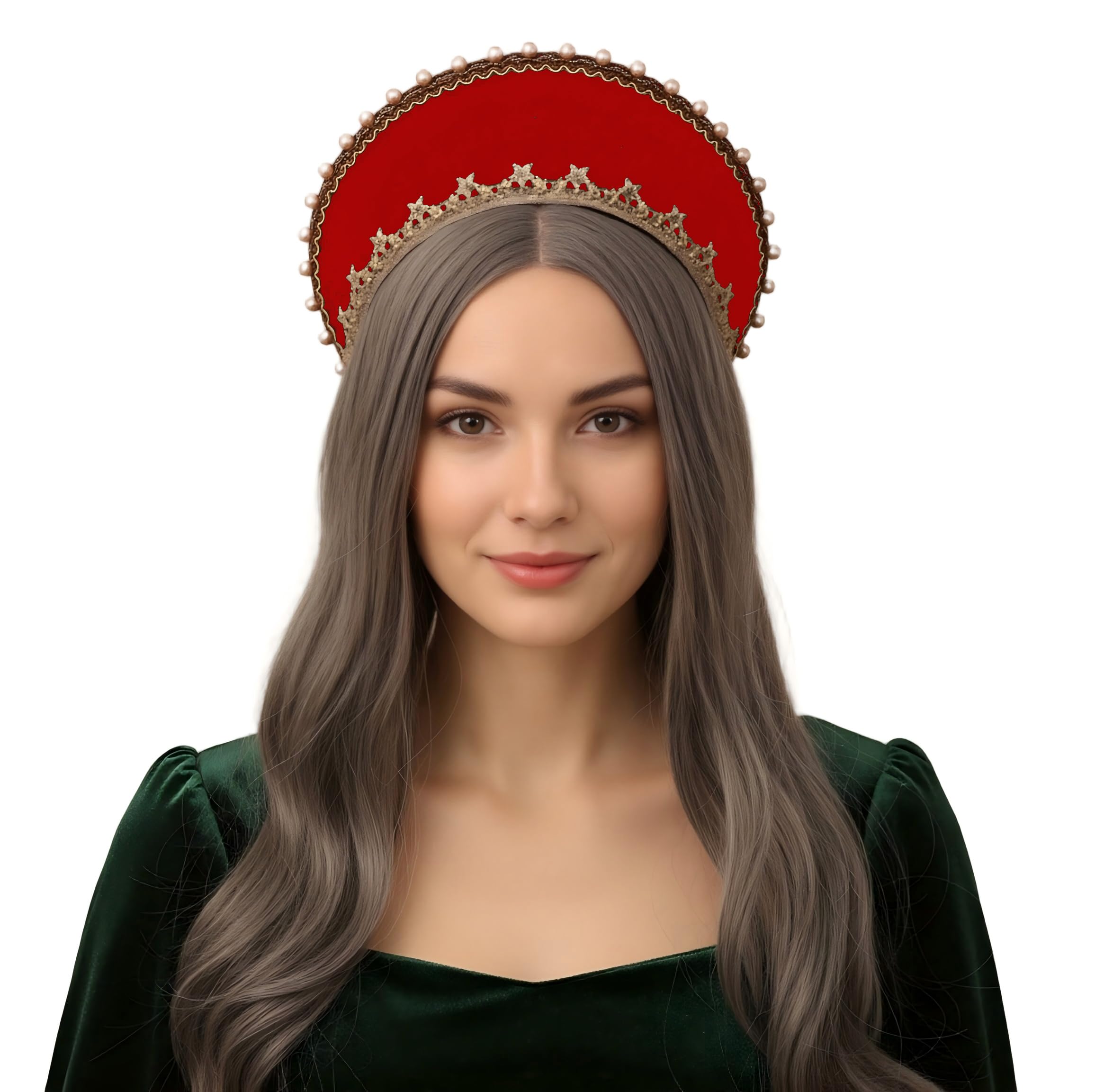 Anne Boleyn Tudor Elizabethan French Hood Headband, Black Velvet with Gold Star Trim and Pearl Embellishments, Royal Coronet Headpiece, Palace Retro Cosplay Hair Accessory (Red) โ image 1