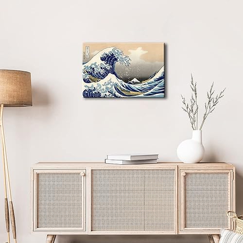 Miniatura 2 de Wieco Art Gran ola de Kanagawa Katsushika Hokusai - Lienzo moderno estirado y enmarcado, impresiones artísticas abstractas de paisajes, pinturas