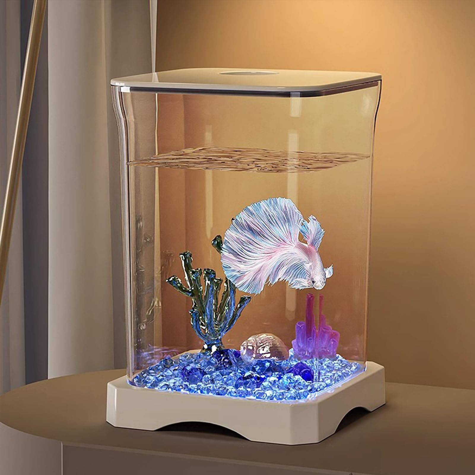 Pecera Betta pequeña: nanoacuario acrílico con iluminación Ambiental LED, Cuenco Betta de Escritorio con Orificio de alimentación para Estudio en la Oficina en casa, Kit de iniciación para — view 4