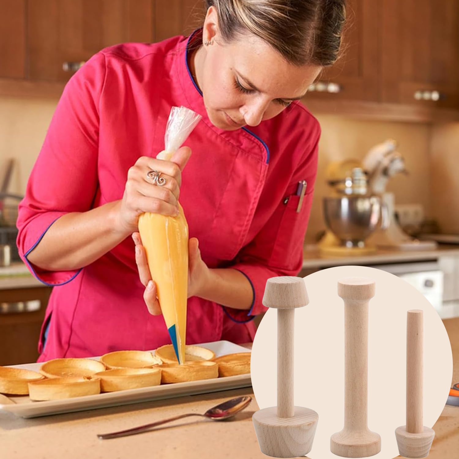 3 sztuki drewniane formy do ciast, mini podwójna forma do ciast, ciasto tamperskie, tartaleta, tartaleta, drewniany tłuczek do ciastek