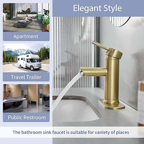 Miniatura 6 de Grifo de baño dorado cepillado con una sola manija de un agujero para lavabo de baño con placa de cubierta y drenaje desplegable, latón