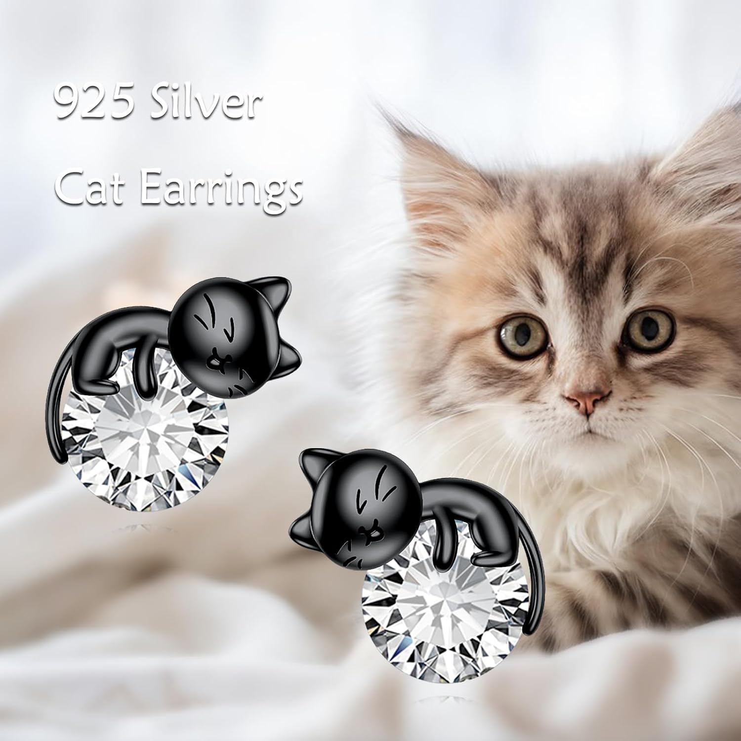 Birthstone Cat Earrings Sterling Silver Black Cat Stud Earrings Cats Jewelry Birthday Gift for Women - Image 2