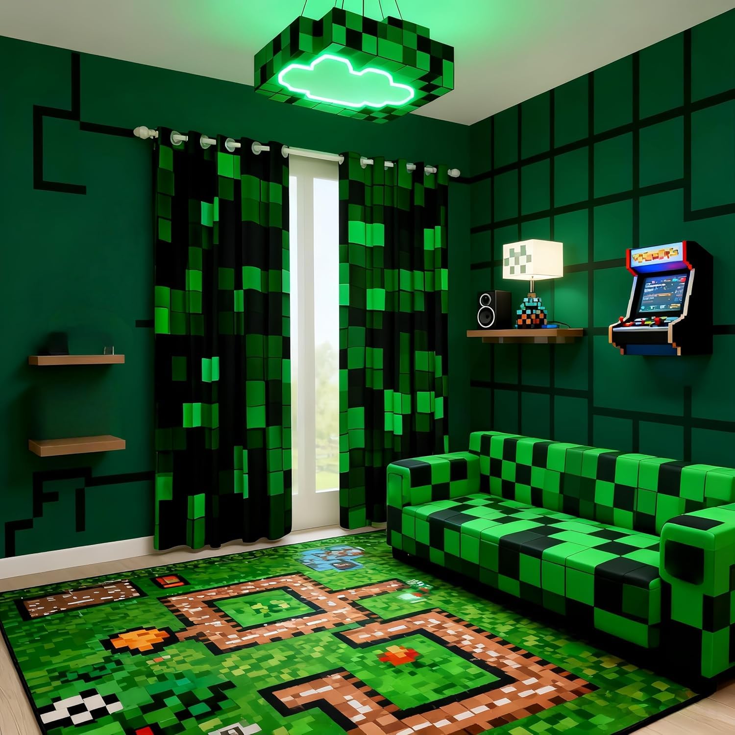 Manfei Pixelated Miners Game Window Drapes,Geometric Check Video Games Blackout Curtain,Gamepad Camo Grid Boys Girls Room Decor,Black Green 2 Panels,46Wx54L inch — image 1