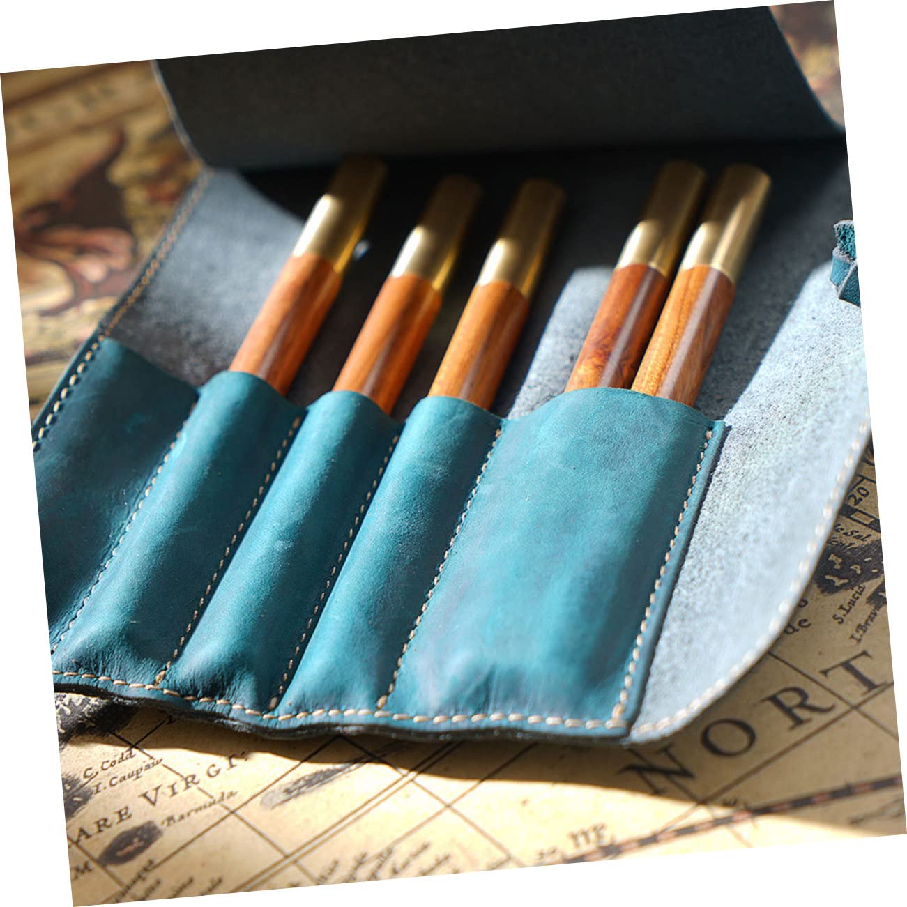 Estuche para Lápices de Cuero Azul Vintage Retro Hecho a Mano
