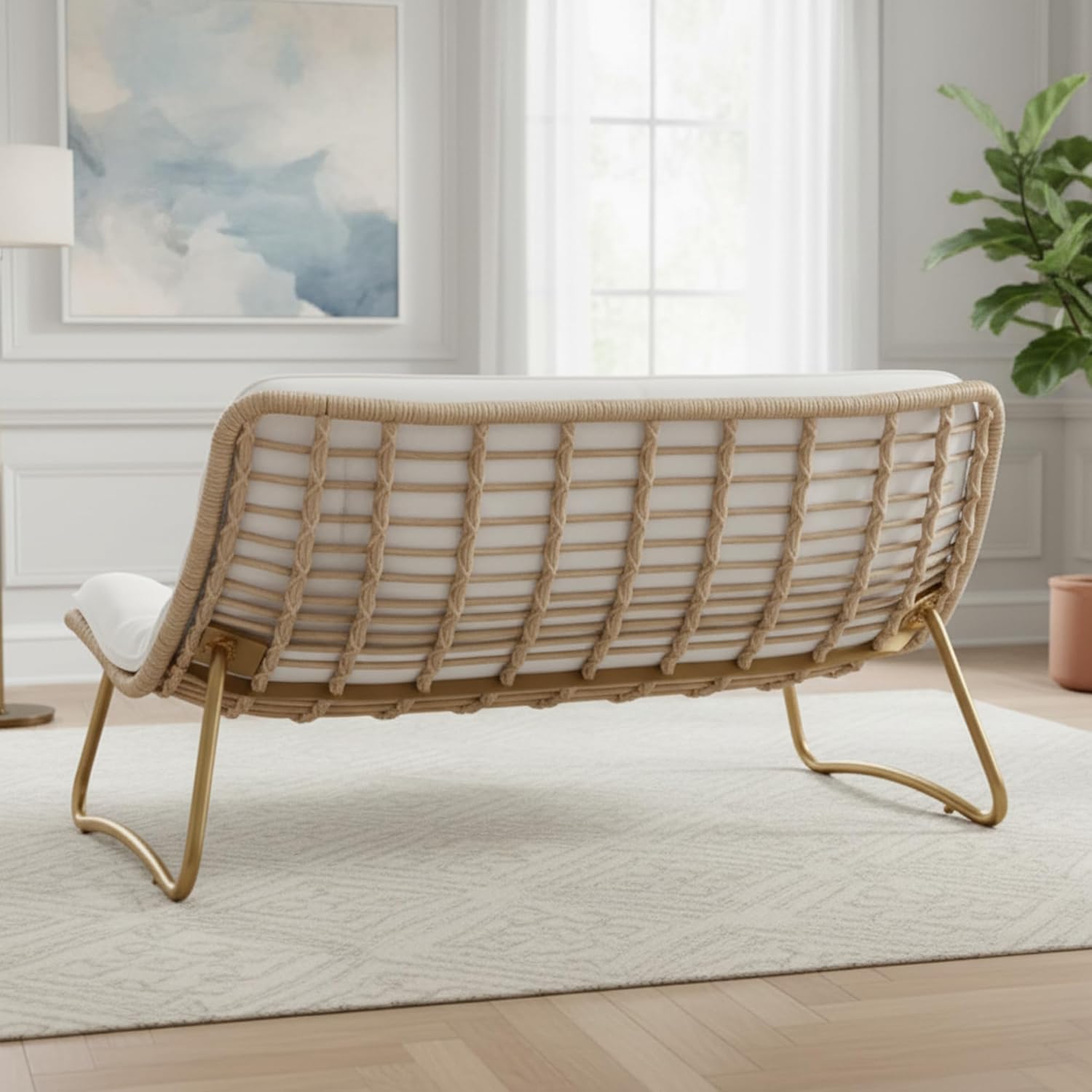 Kingdura Outdoor Wicker Papasan Egg Chair, Outdoor Loveseat, 2 Seater Oversized Patio Lounge Recliner with Thick Cushion, All-Weather Comfy Chaise Chair for Balcony, Porch, Pool & Indoor, Beige