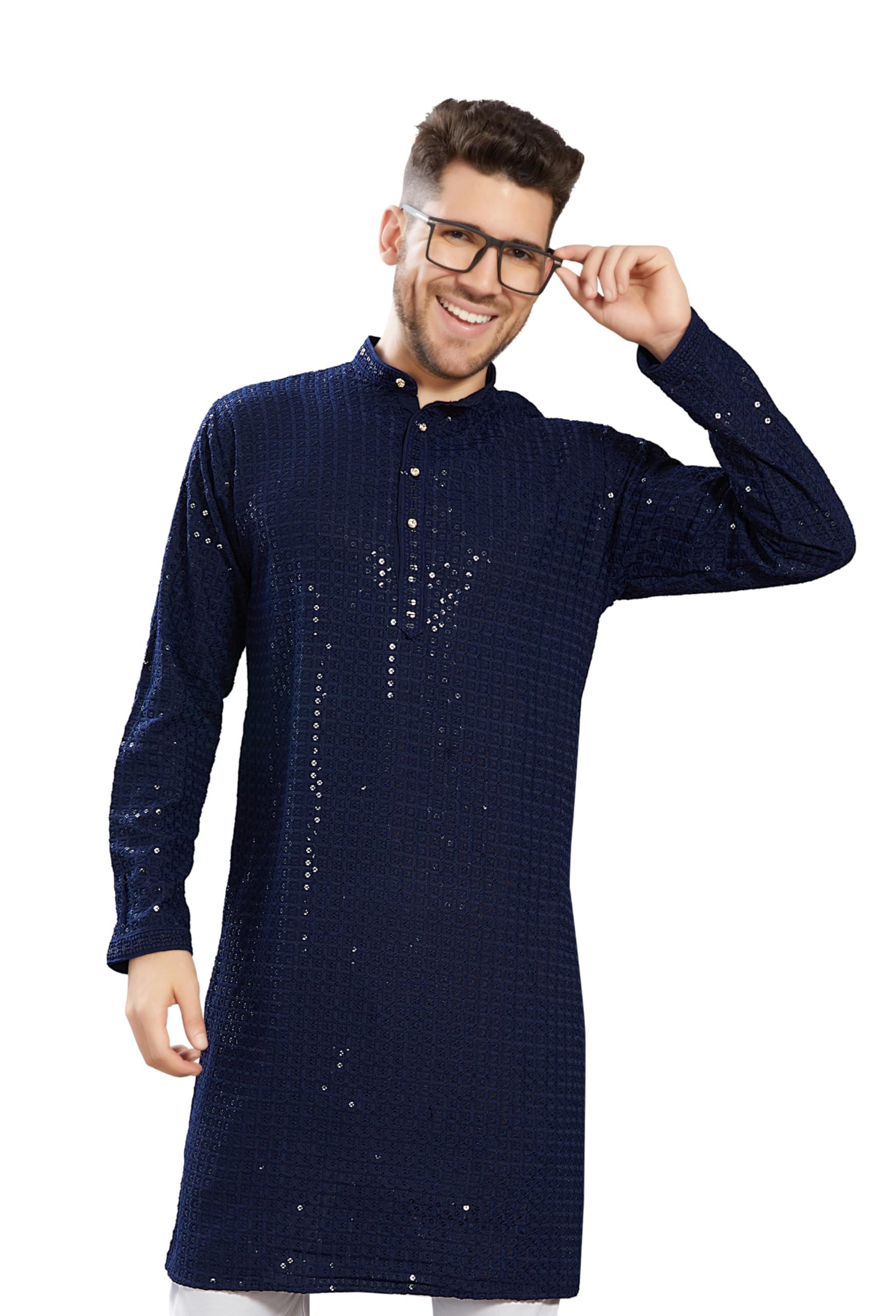 Divisive Men's Sequince Embroidered Cotton Blend Only Slim Fit Kurta (Dkrt743_M_Navy)