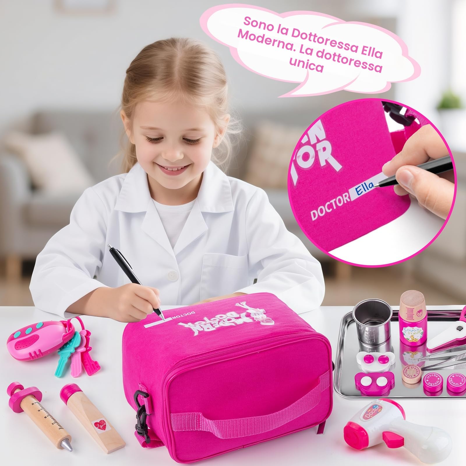 Sundaymot Valigetta Dottore Bambini, Kit Dottoressa Bambina con Stetoscopio, Legno Siringa, Termometro, Borsa da Medico Portatile e Camice da Medico, Giochi Di Ruolo Per Ragazze e Ragazzi Di 3+ Anni