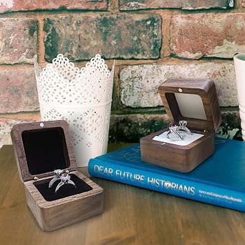 Wooden Ring Box, Mini Engagement Jewellery Box with Double Slot, Square Wedding Ring Box for Ring, Elegant and Retro Ring Holder for Wedding, Ceremony (white)