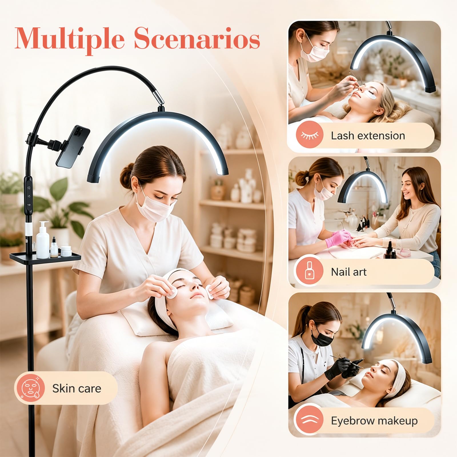 Lámpara LED de pestañas de media luna, giratoria 320° y 5 colores regulables, altura ajustable de 85 – 125 cm, CRI≥95, lámpara cosmética con control táctil para extensiones de pestañas