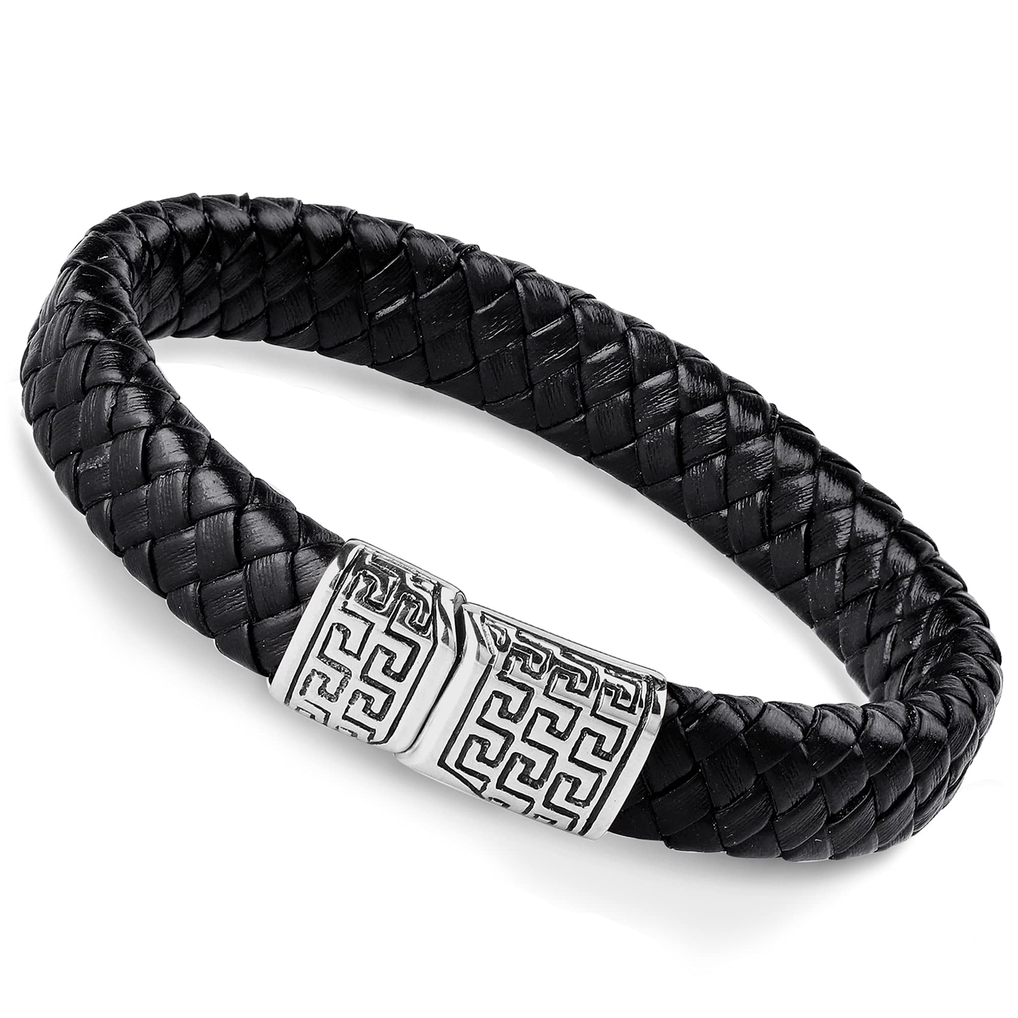 FIBO STEEL Stainless Steel Braided Leather Bracelet Cuff Bracelet for Men 7.5-8.5 inches