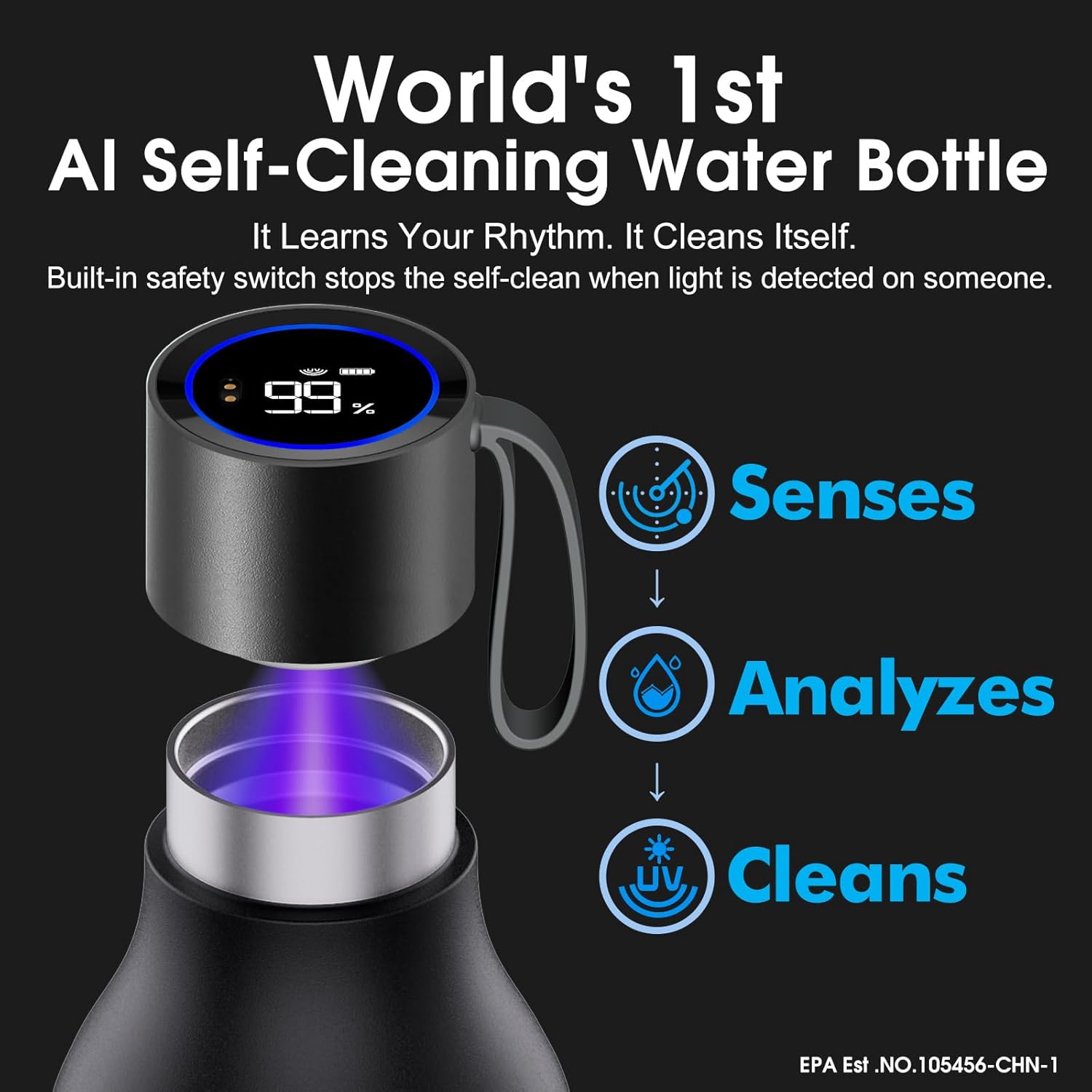 VSITOO 33oz Smart Self Cleaning Water Bottle，Insulated Water Bottle with Stainless Steel, BPA-Free, AI Self-Clean, 30-Day Battery, Magnetic Charging for Travel, Gym or Office, Black - Image 2