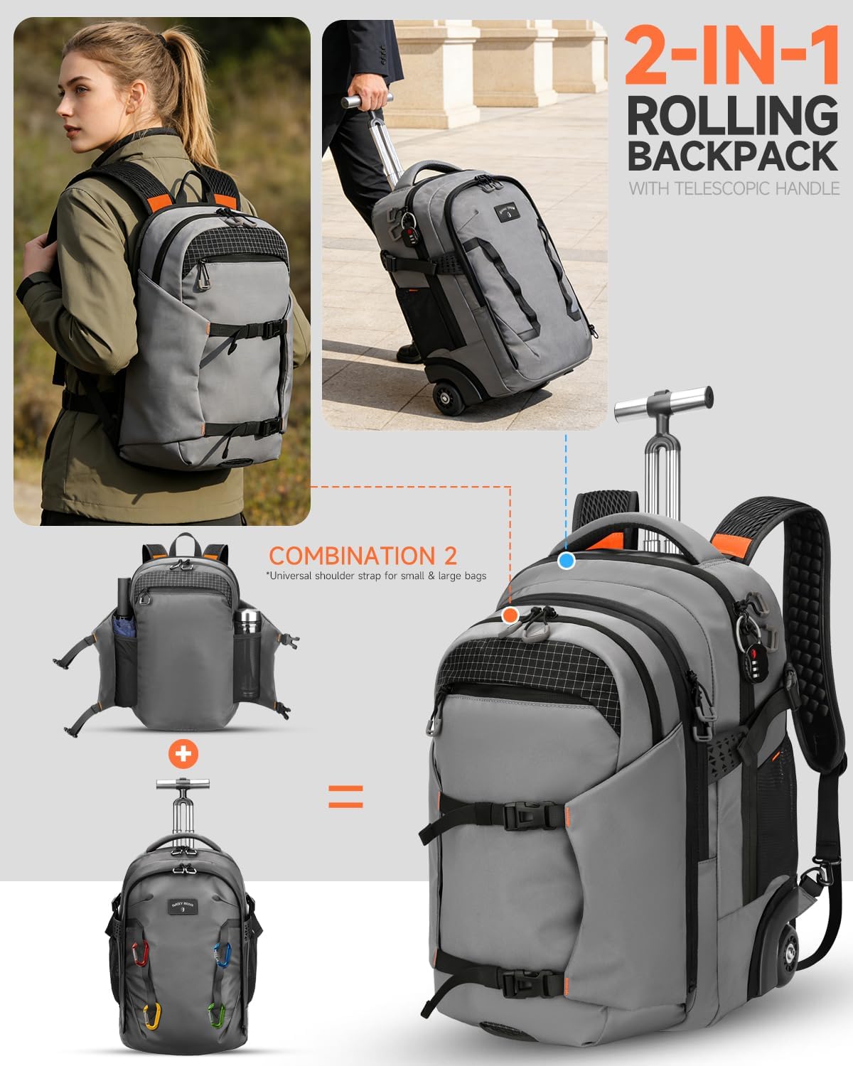 2-in-1 Detachable Rolling Backpack & Daypack, 56L Large Backpacks with Wheels Fits 17 Inch Laptop, Water Resistant, Carry On Luggage for College, Travel, Camping, Hiking Grey