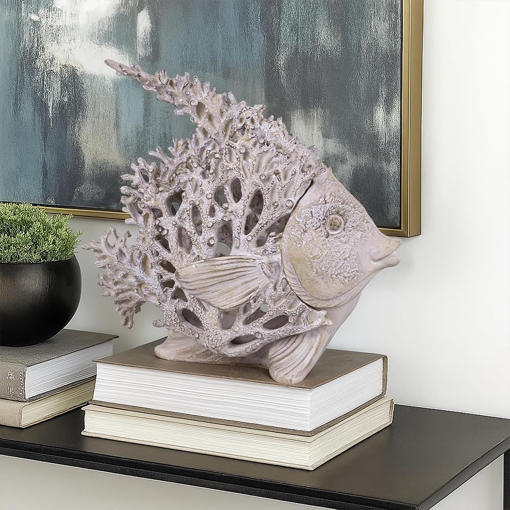 9.84'' Ocean Coral Fish Sculpture – Resin Coastal Fish Figurine with Coral Backdrop, Ocean Blue & Sandy Beige Finish – Nautical Tabletop Accent for Living Room, Beach House & Bathroom Decor