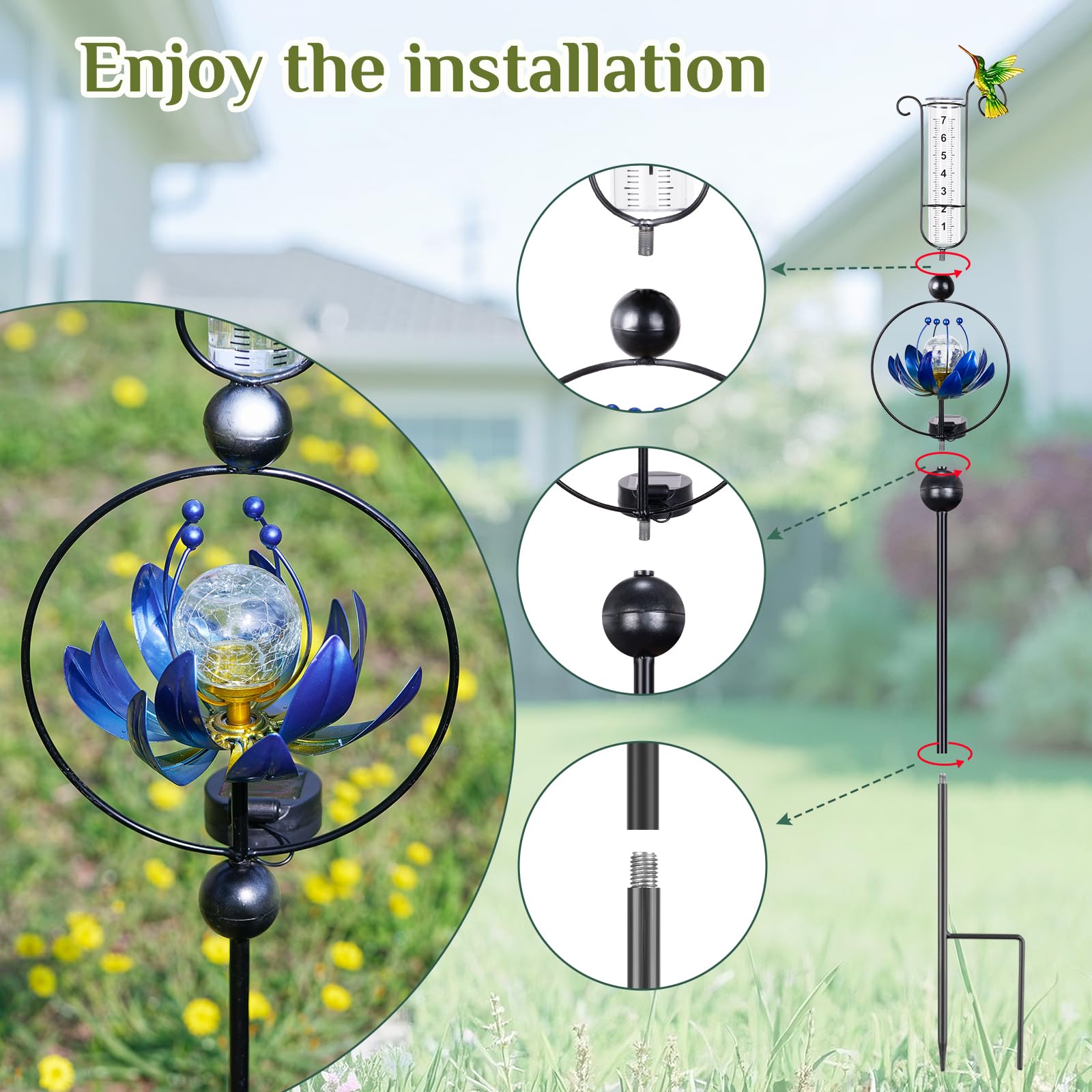 Pluviomètre solaire d'extérieur en plastique numérique en forme de fleur de lotus avec boule de cristal craquelée LED étanche Colibri