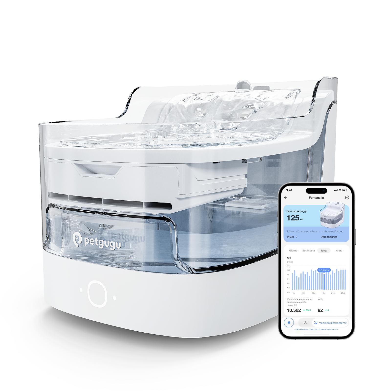 PETGUGU Fontanella per Gatti, Fontana per Gatti & Cani con Sensore di Movimento, 20dB Ultra Silenziosa, con Pompa Wireless, Controllo Intelligente delle APP e Monitoraggio Dati, WiFi 2.4G, PF1 Bianco