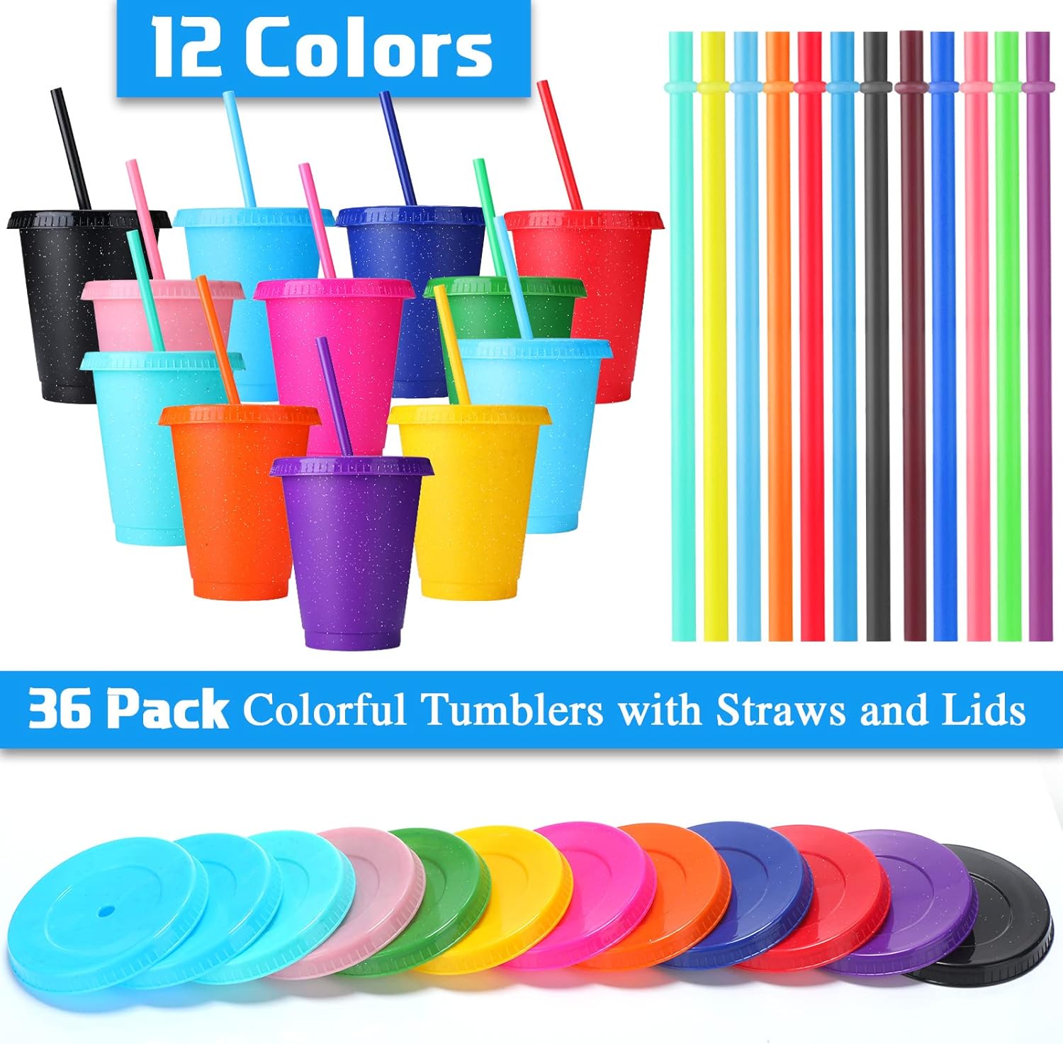 36 Pcs Glitter Reusable Tumbler with Straws and Lids,Plastic Cup with Lids and Straws Bulk,Water Bottle Iced Coffee Cold Drink Travel Mug,Colorful Cups for Party Birthdays (16 Oz/ 500 Ml)