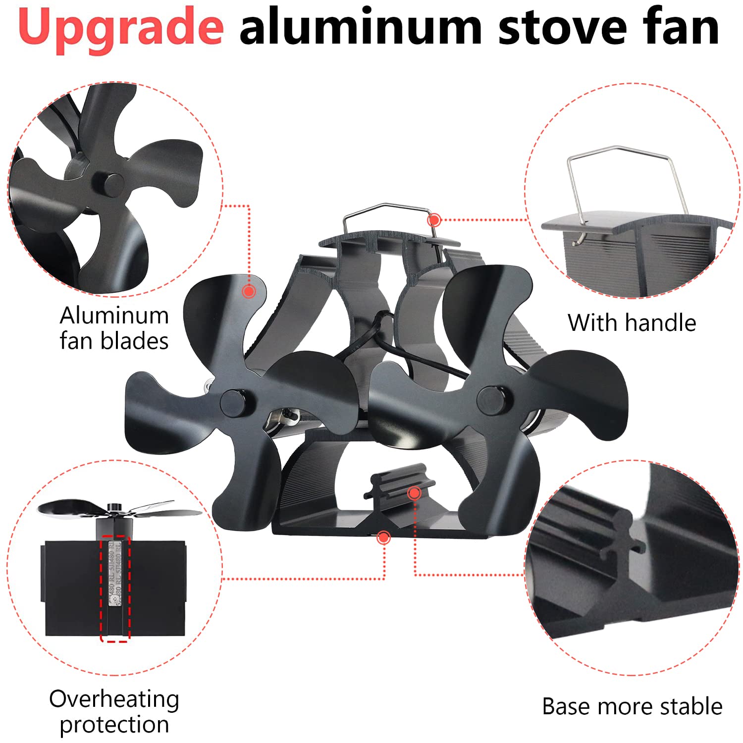 Tomersun Ventilador de estufa de leña, ventilador de chimenea de 8 aspas alimentado por calor, ventilador superior térmico para quemador de leña