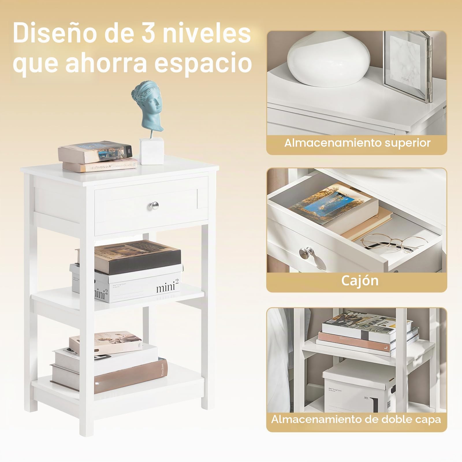 SoBuy Mesita de Noche con 1 Cajón & 2 Estantes, Mesa Auxiliar Moderna, Blanca, L45 x P30 x A68cm, FBT46-W