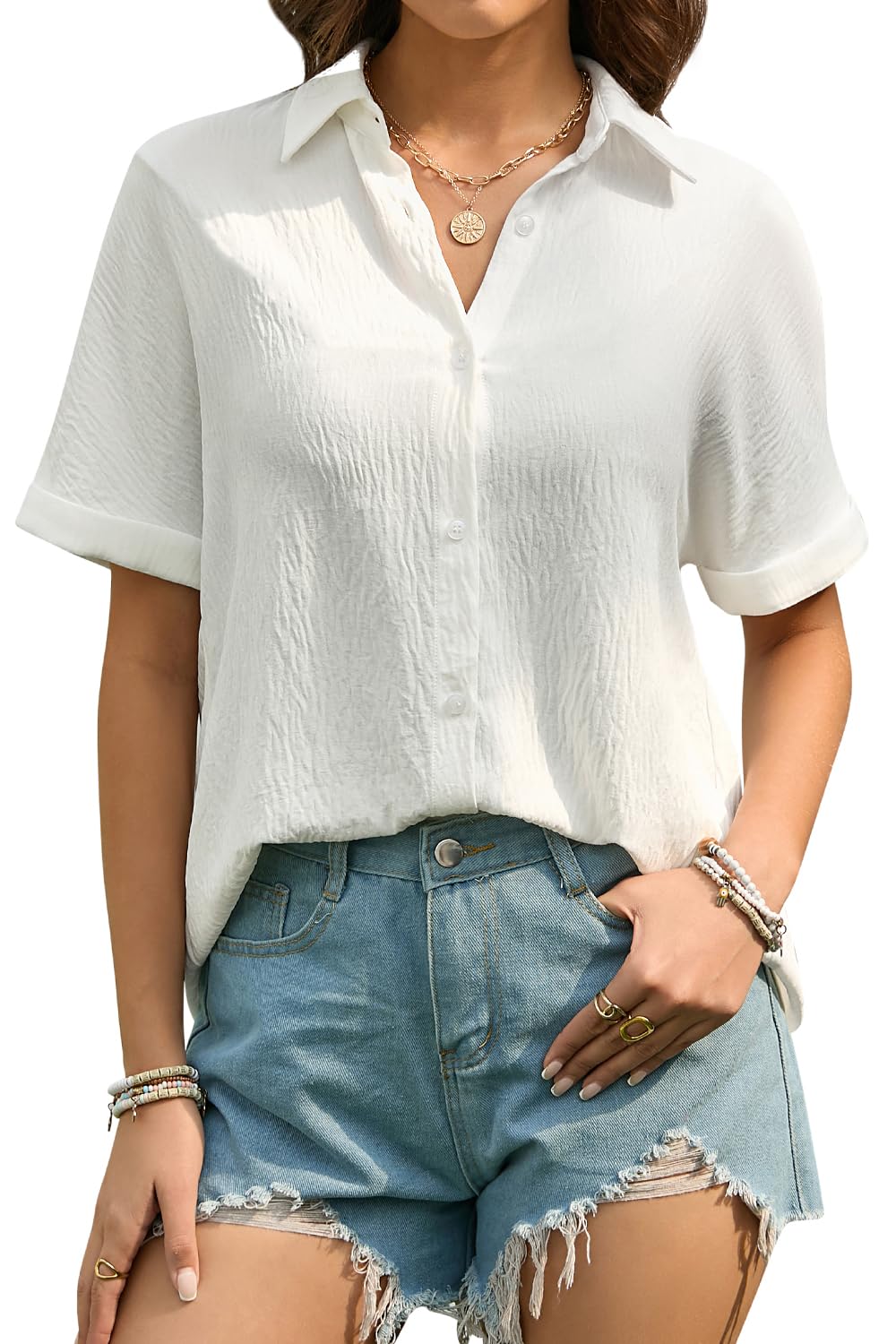 Chemise Femme Manches Courtes Ete Col V Chemisier Femme Chic et Élégant Décontractées Amples à Boutons Couleur Unie