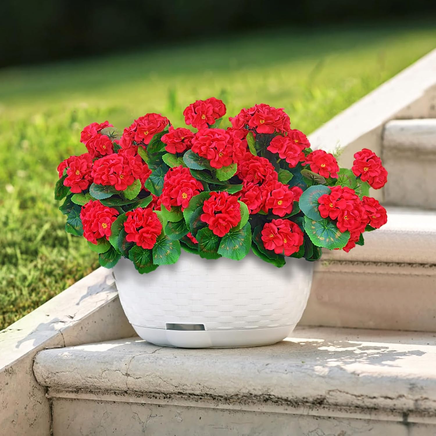 Fake Outdoor Flowers, 4 Pcs Artificial Flowers For Outdoors, Red Artificial Geraniums Plastic Flowers, Fake Plant For Outside, Silk Faux Flowers For Outdoor Planters UV Resistant For Front Porch - Image 3