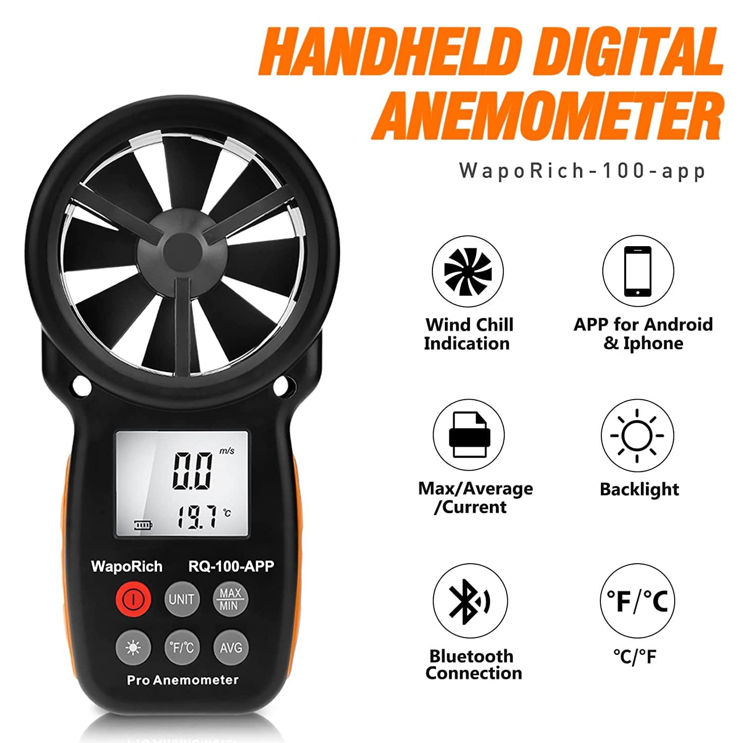 Anémomètre Bluetooth Portable, WapoRich RQ-100APP Anemometer Numérique avec Application MAX/MIN/AVG pour Frisson du Vent, Vitesse de l'Air, Température pour Tir, Surf et Activités Extérieures