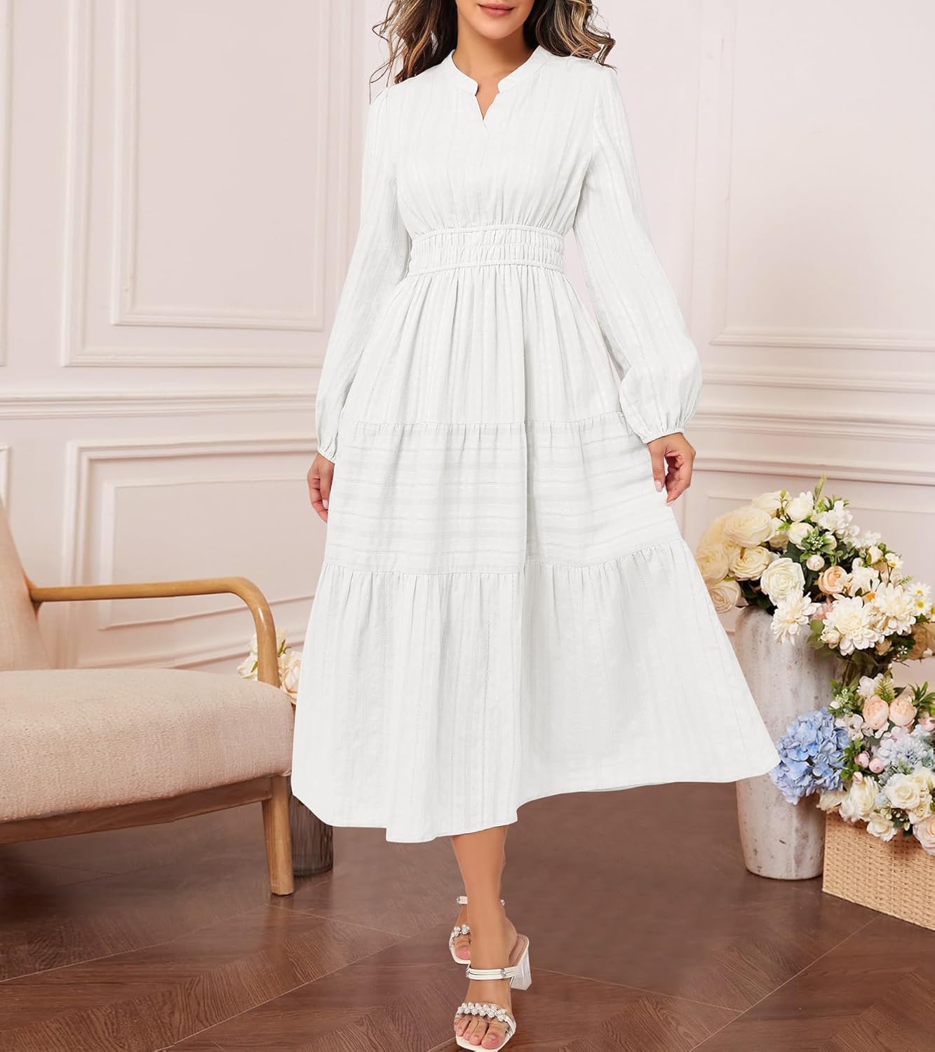 Fall Dresses for Women Long Sleeve Elastic Waist Soft Maxi Wedding Guest V Neck Dress with Pockets 2025 Casual White Small - Image 6