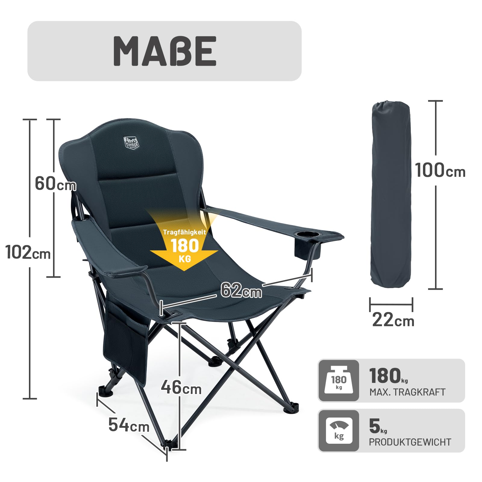 TIMBER RIDGE Campingstuhl Faltbar 180KG Rückenverstellbar in 3 Positionen Klappstuhl Gepolsterter Angelstuhl Übergroß Sitzbreite 62cm mit Seitentasche Getränkehalter