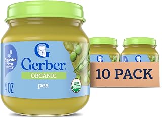 Gerber Stage 1 Baby Food, Organic Pea Jar, Baby Puree, Non-GMO, Vegetable, Puree Jars Glass, 10-pack