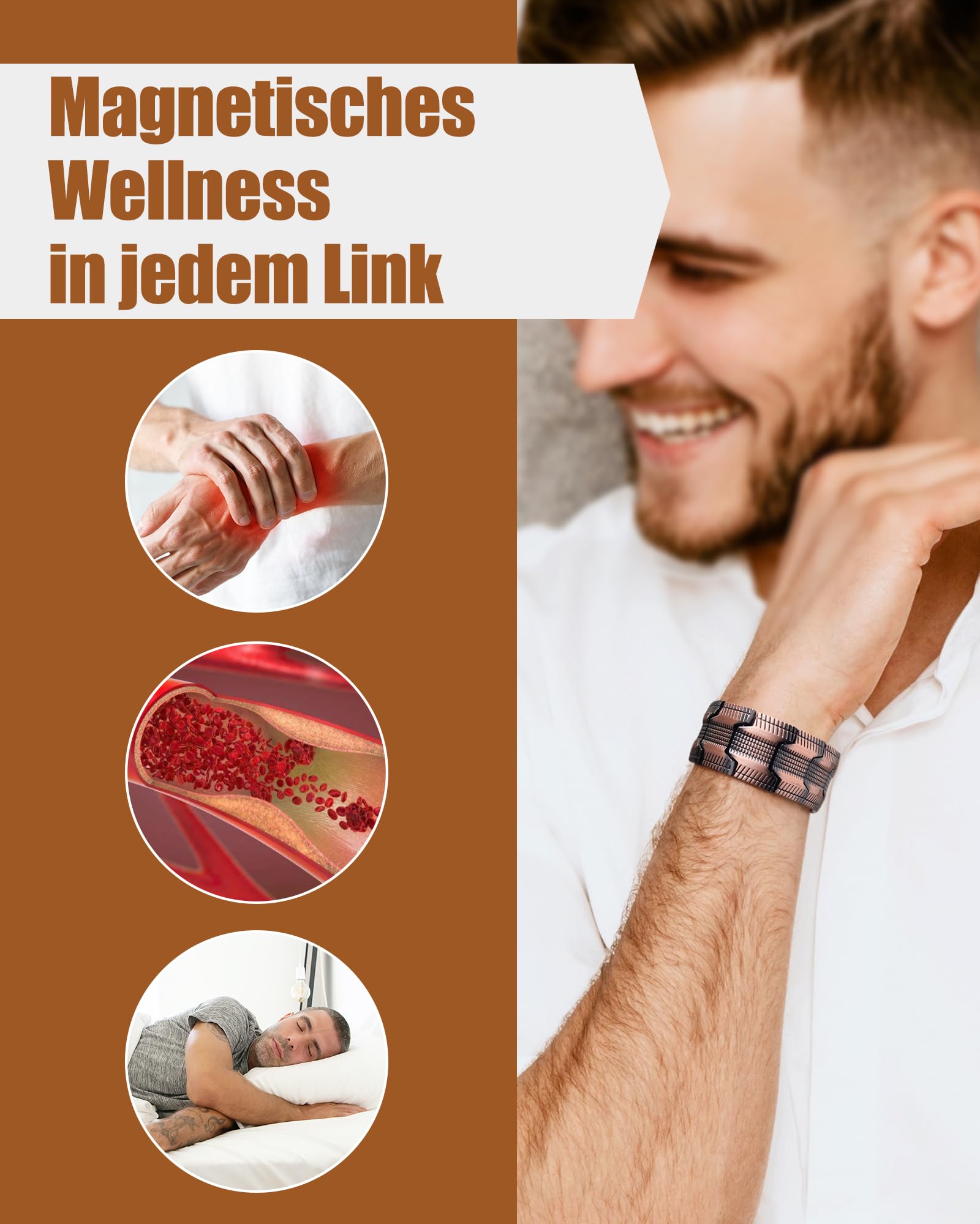 Jecanori Magnet Kupfer Armband für Herren, 3 Reihe magnetische verstellbare Herren Kupfer Armband 3.500 Gauss Magneten, Ringe und Geschenkboxen (Schwarz)