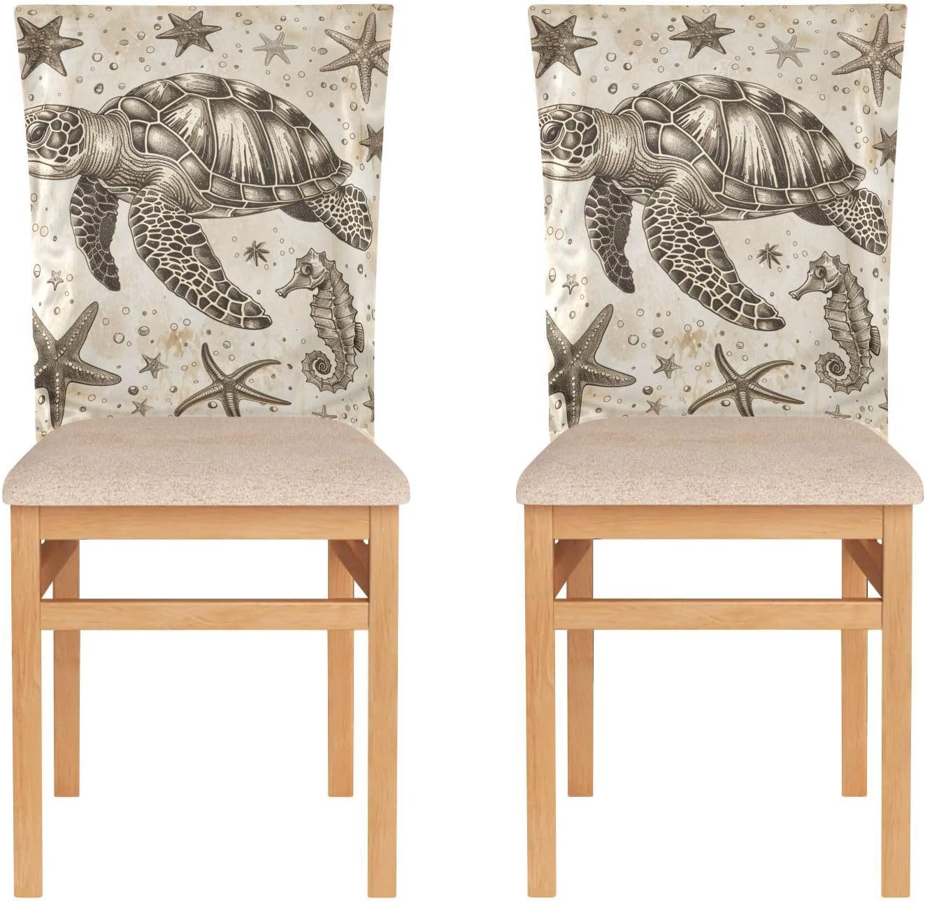 ALAZA Nautical Turtle Starfish Seahorse in Vintage Style Chair Back Cover Set of 6, Washable Reusable Removable Chair Slipcovers Decorative Chair Cover for Home Kitchen Wedding Party