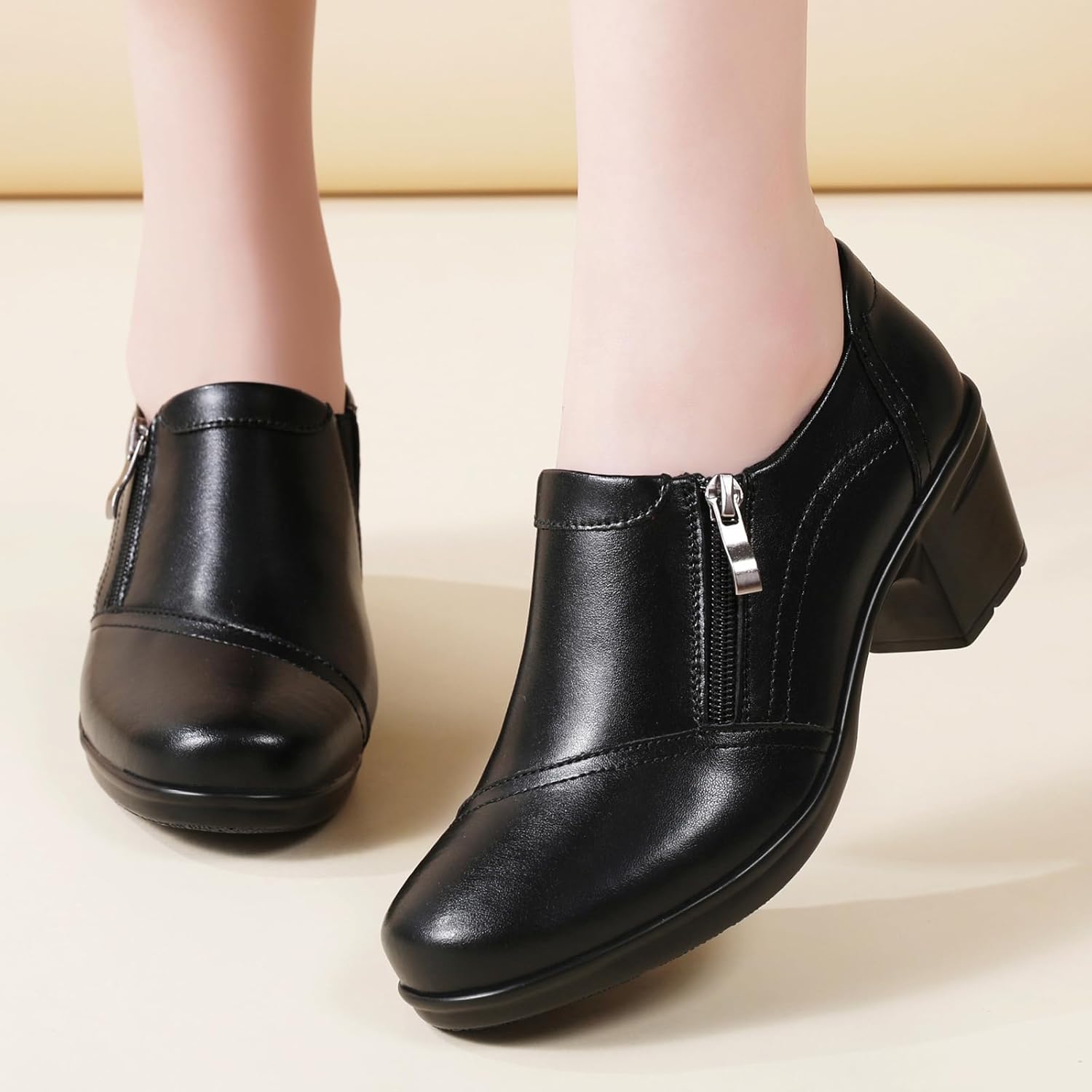 Loafers for Women Black Dress Shoes high Heel Loafers & Slip-Ons Zipper Chunky Block Comfortable Dressy Pumps Business Casual Ladies Heeled Work Office Flight Attendant Shoes - Image 7