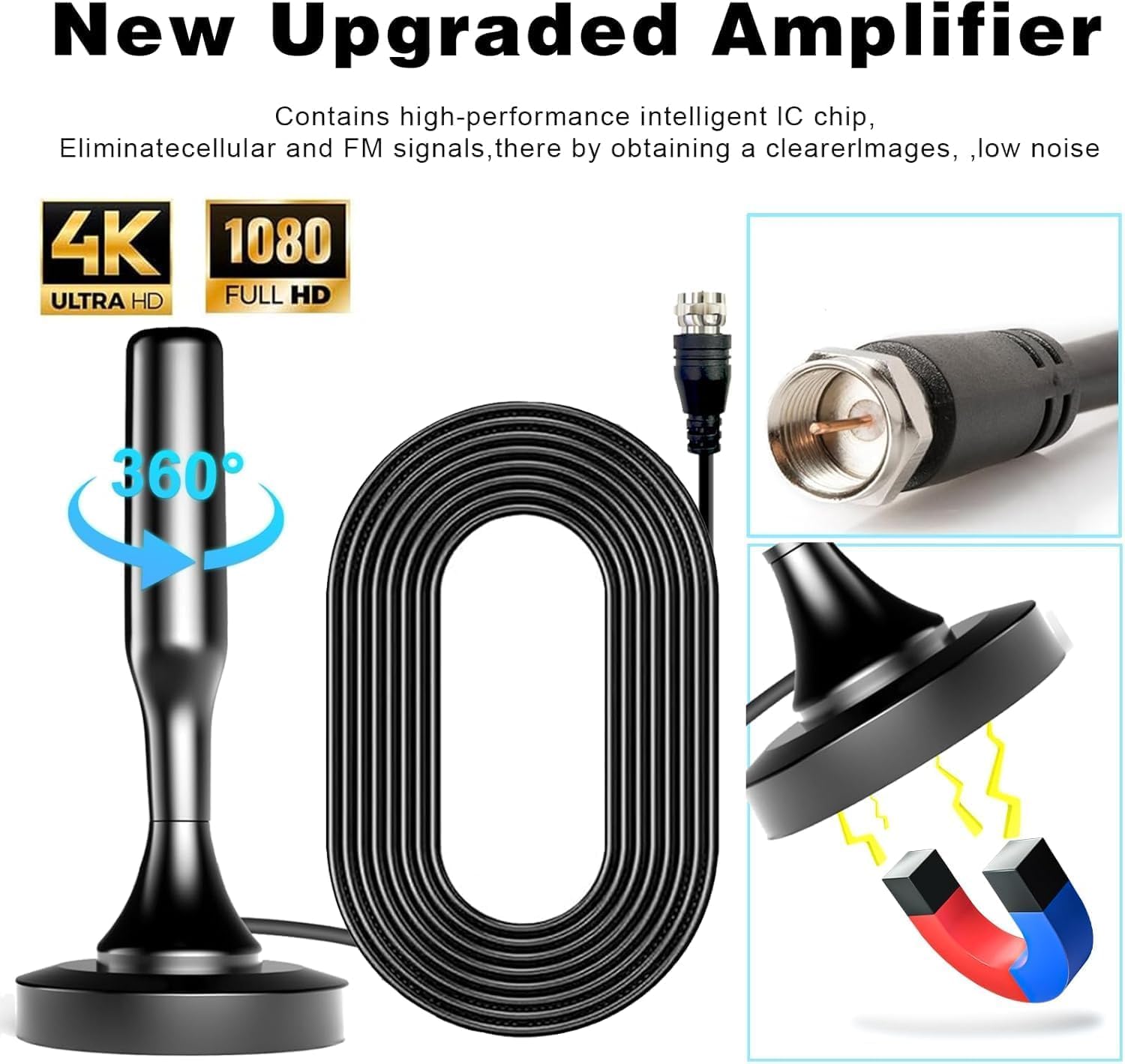 Antena de TV para Smart TV interior, antena de TV para canales locales, antena digital para Smart TV en interiores, fácil instalación, soporta canales 4K 1080p, base magnética fuerte, cables de 16.4