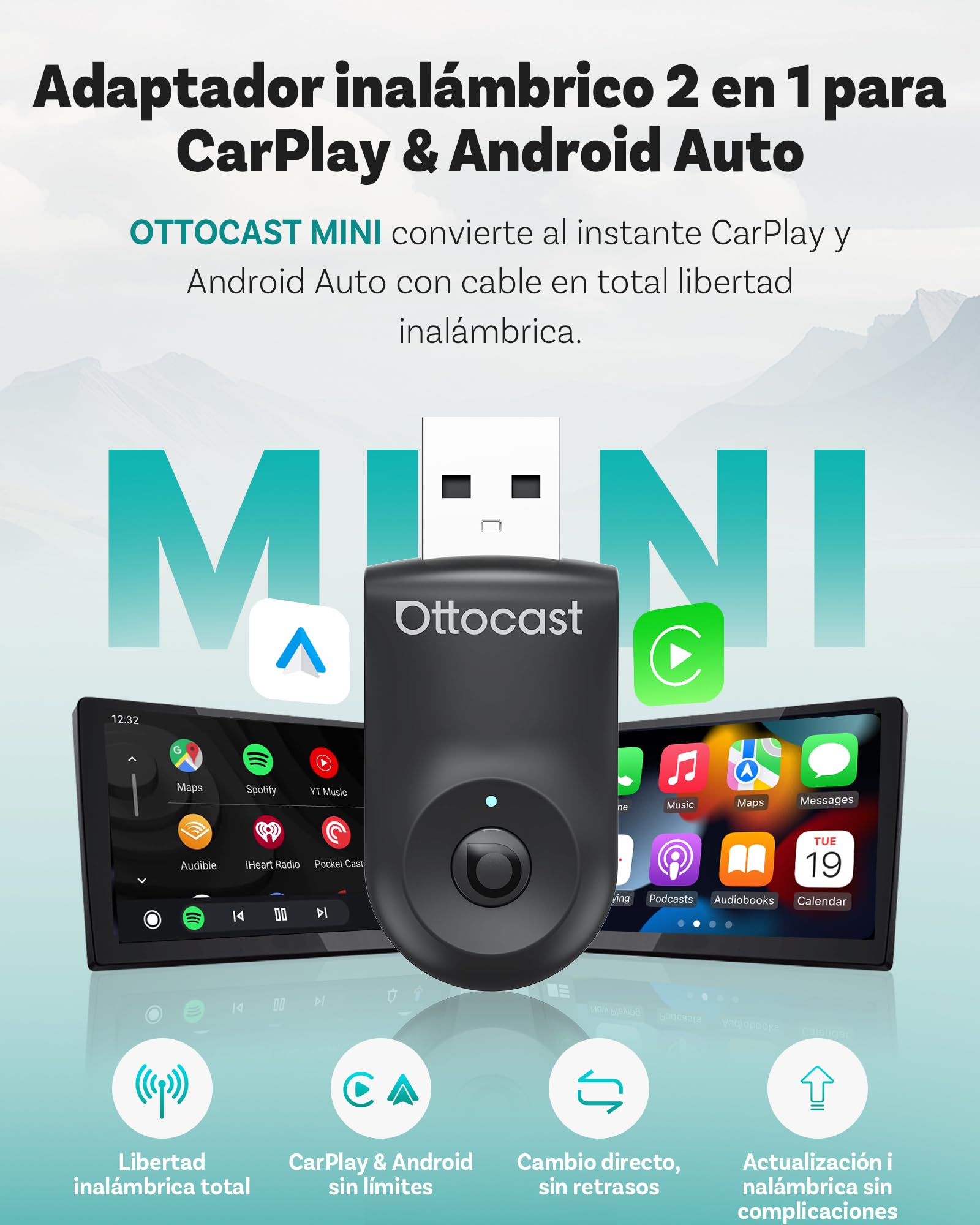 OTTOCAST Nuevo 2025 Mini Flow – Adaptador inalámbrico CarPlay & Android Auto, Dongle 2 en 1, Plug & Play, Compatible con iPhone & Android, para Coches Desde 2016 (No Compatible con BMW/Tesla)