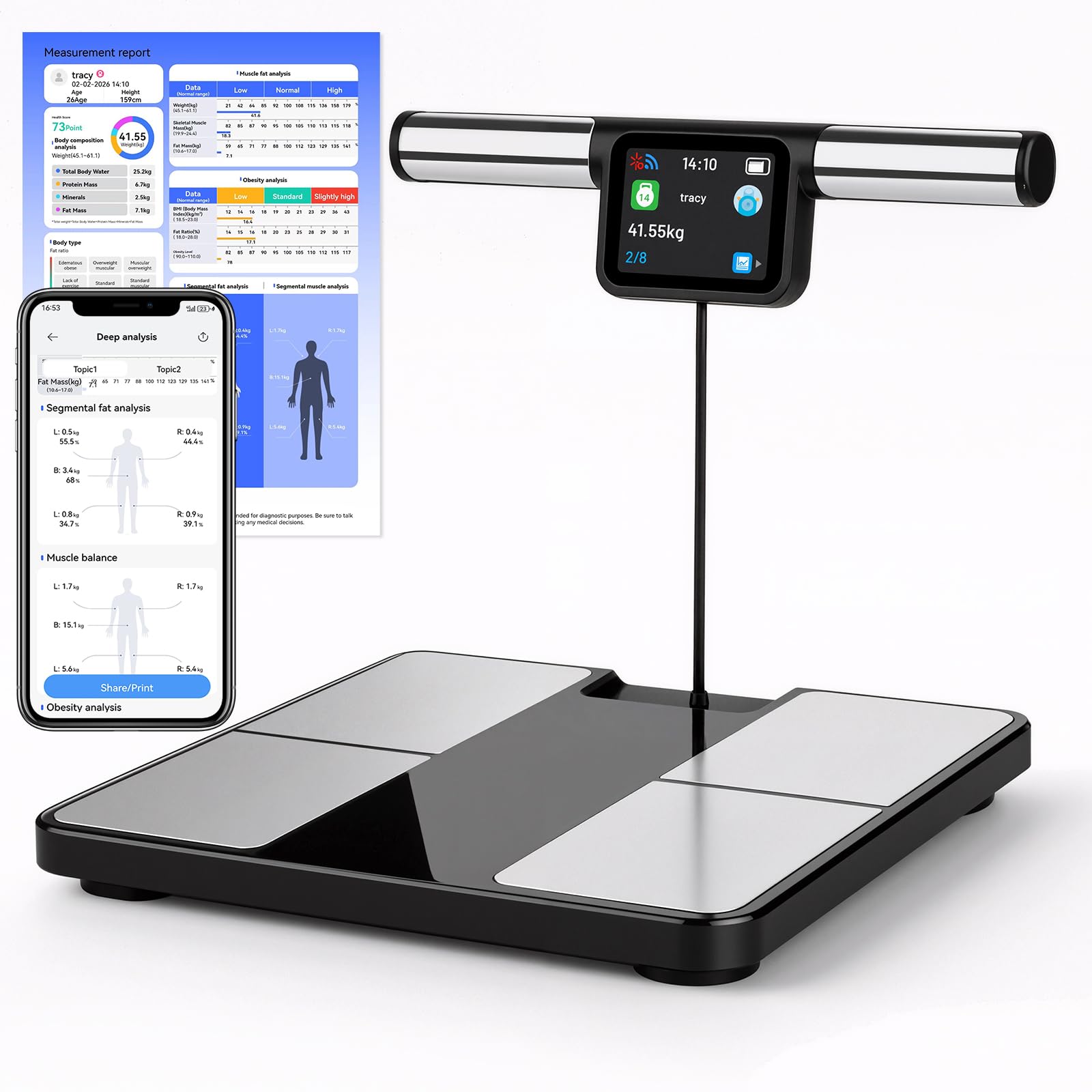 Körperfettwaage mit 8 Elektroden, Waage Personen mit 58 Körperanalyse Großem Display Personenwaage Digital mit Bluetooth App 180 kg/400 lbs Körperfettwaage mit Handsensoren für BMI, Protein, BMR