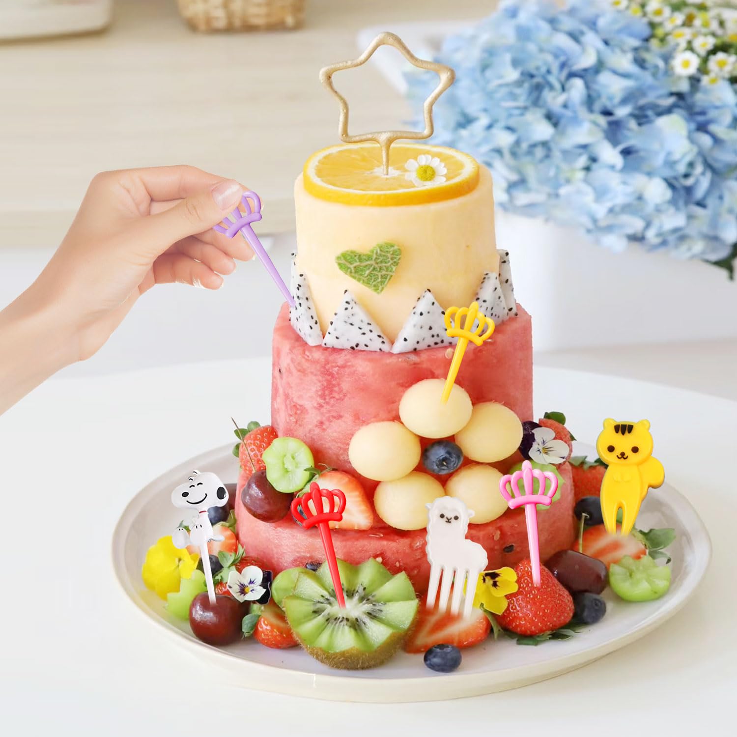 BendJoy 56PCS Fruit Fork For Kids, Cute Little Mini Cartoon Fork For Kids Eating, Toothpick Holder For Cake Dessert Pastry Party Reusable, Random Color 2