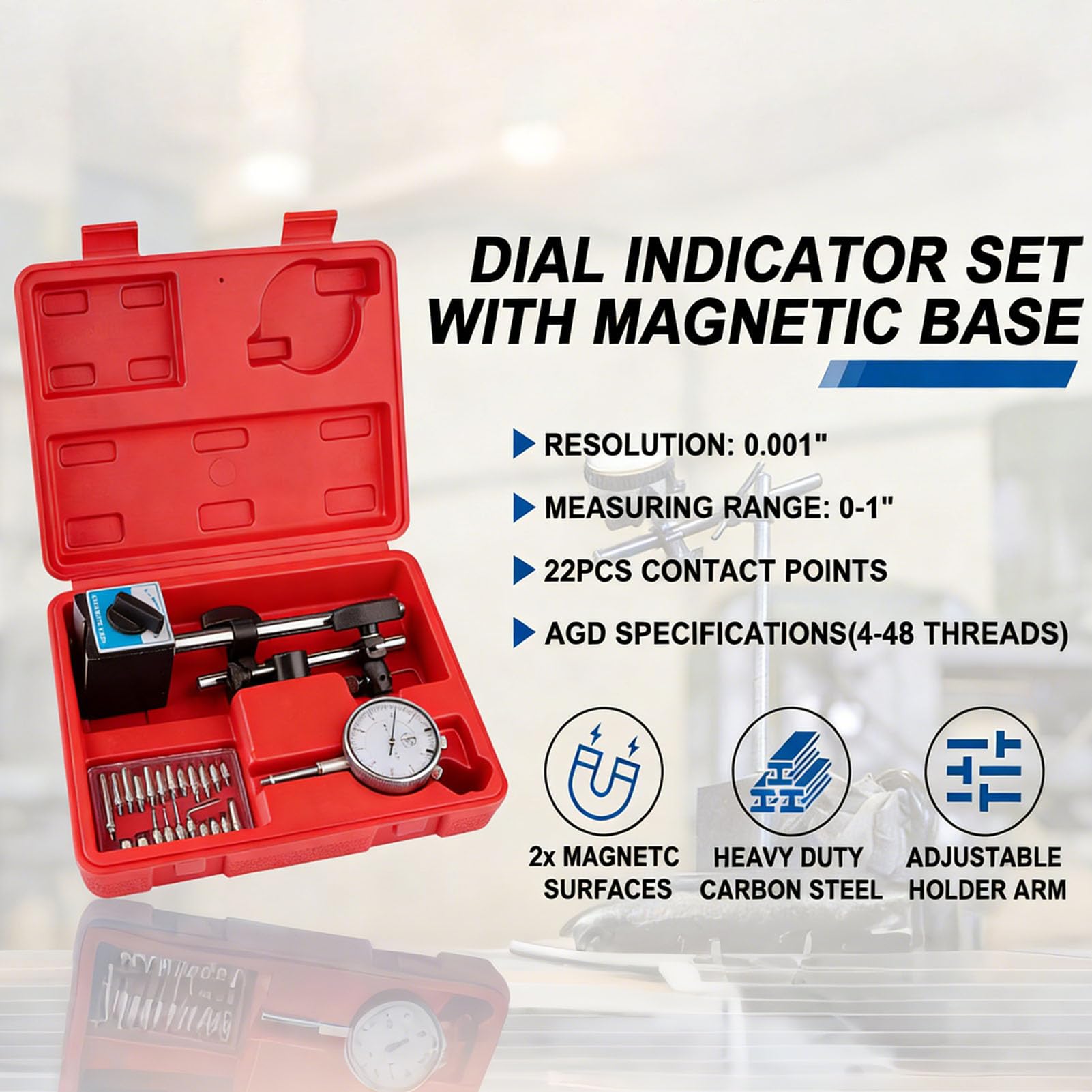 Set di Comparatori a Quadrante, Intervallo 0-10 Mm, Precisione 0,01 Mm, con Base Magnetica e Braccio Regolabile, Ideale per Officina, Laboratorio e Produzione di stampi.