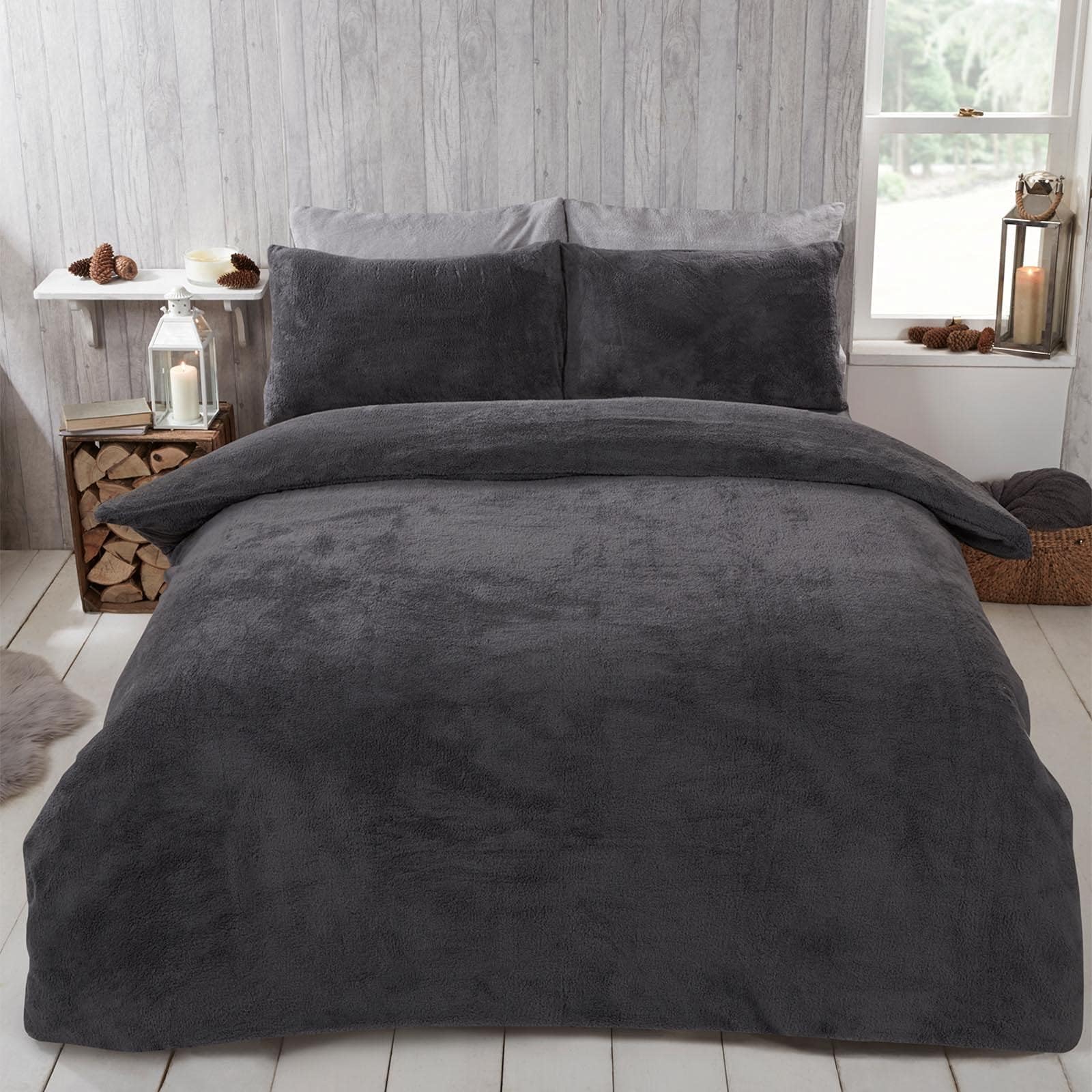 Brentfords Grey Teddy Fleece Single Duvet Set, Grey Single Bed Duvet Cover Set with Pillowcases Thermal Bedding Single Duvet Cover Ultra Soft Warm Fluffy