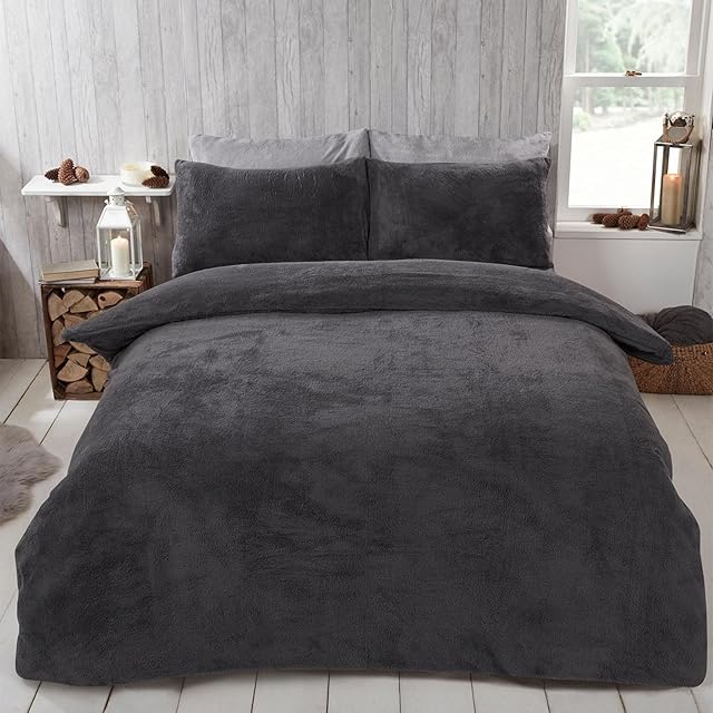 Brentfords Teddy Fleece Duvet Cover with Pillow Case Thermal Warm Soft Bedding Set, Charcoal Grey - King