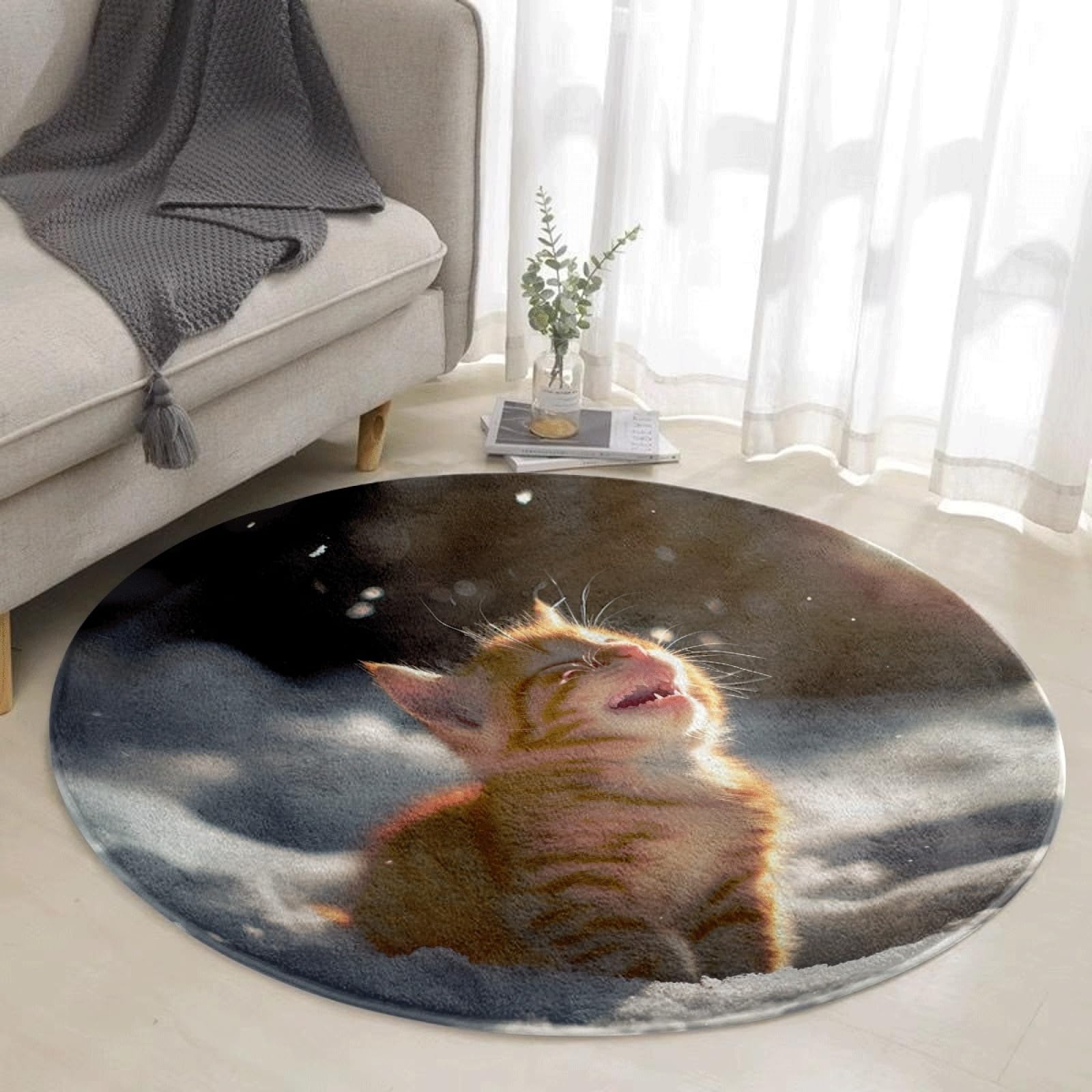 Tapis salon gris orange chat pour magnifier votre terrasse et jardin extérieur rond 100 cm