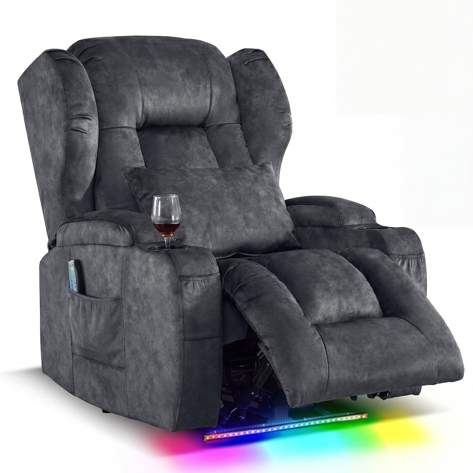 Oprisen Wall Hugger Power Recliner Chair, Overstuffed Home Theater Seating w/Heat Massage Electric Movie Gaming Sofa Reclining Sleeper Chair with LED Light/Lumbar Pillow