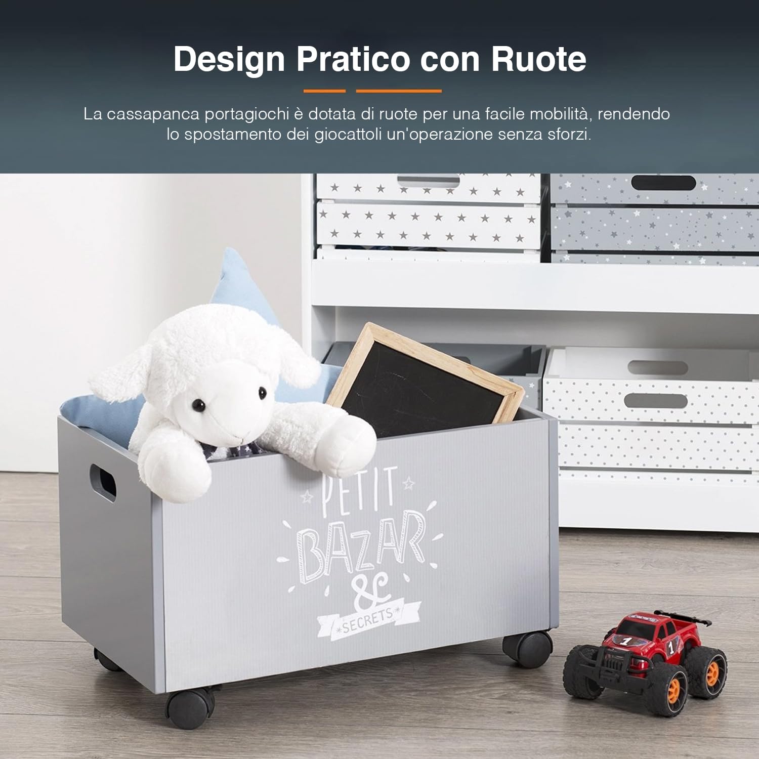 Avilia Baule Portagiochi - Cassapanca Portagiochi con Ruote, in Legno MDF 48x28,5x28cm, Grigio