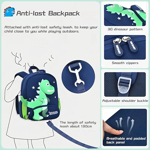 Miniatura 6 de Mochila de dinosaurio antipérdida para niños y niñas con correa de seguridad, B-azul+verde oscuro, Mochilas Daypack