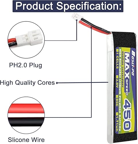 Miniatura 3 de Batería Lipo de 3.8 V 1S 450mAh 95C recargable de alto rendimiento con enchufe JST-PH2.0 para Emax Tiny Whoop Micro Quads FPV Racing Drone (4