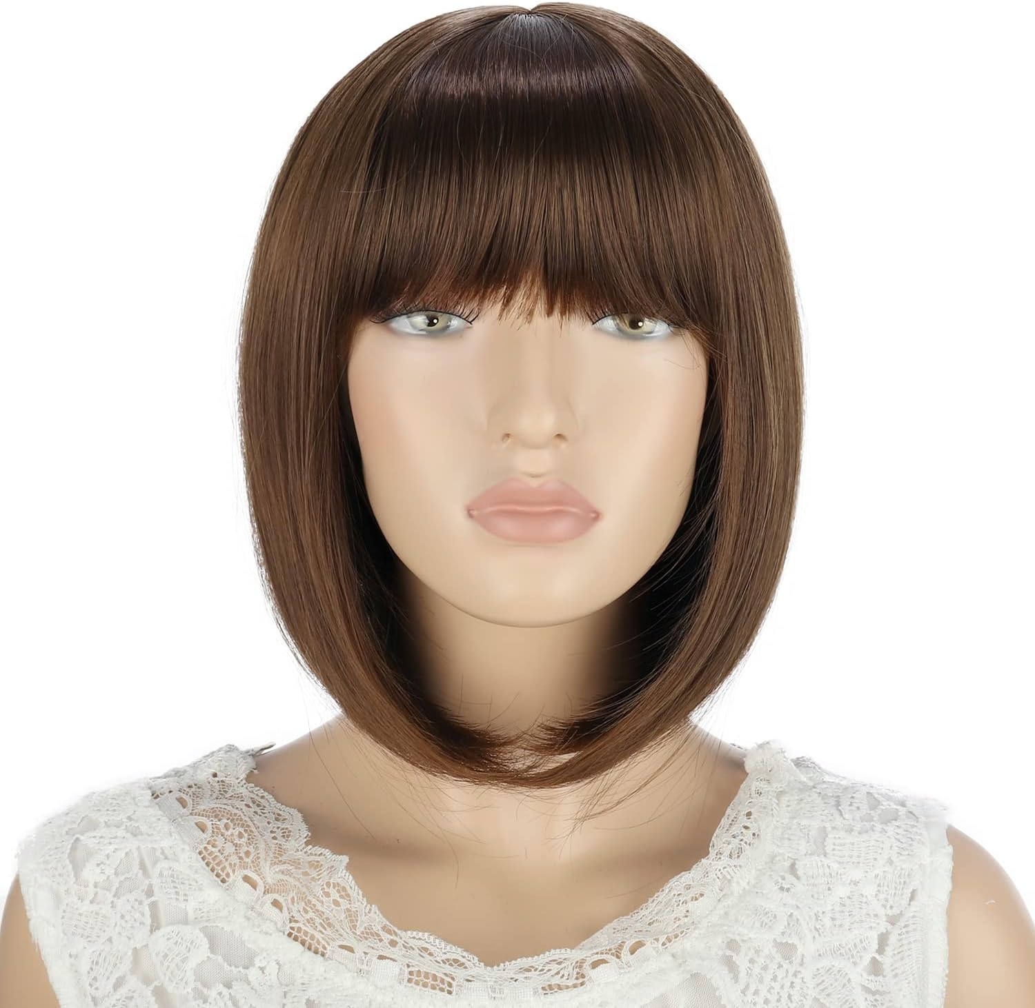 YEESHEDO Women's Short Bob Wigs Straight with Flat Bangs Colorful Hair Cosplay Party Halloween Costume Replacement Wig for Girls Heat Resistant Synthetic Natural As Real Hair 12"(Brown) - Image 4