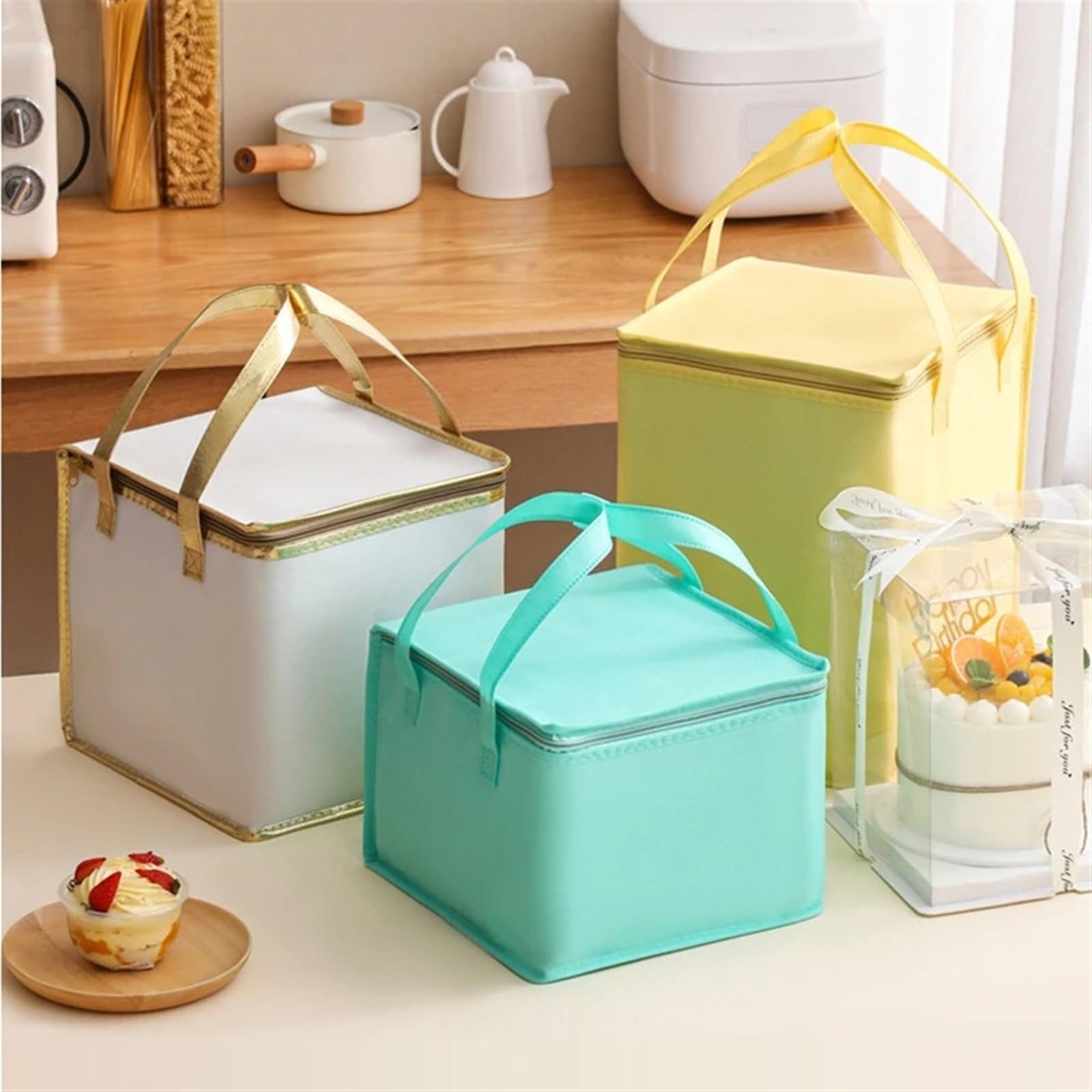 Borsa termica portatile, confezione da 3, sacchetti per alimenti in cotone perlato per torte, ideali per oggetti da 10 a 20 cm, multiuso e durevoli