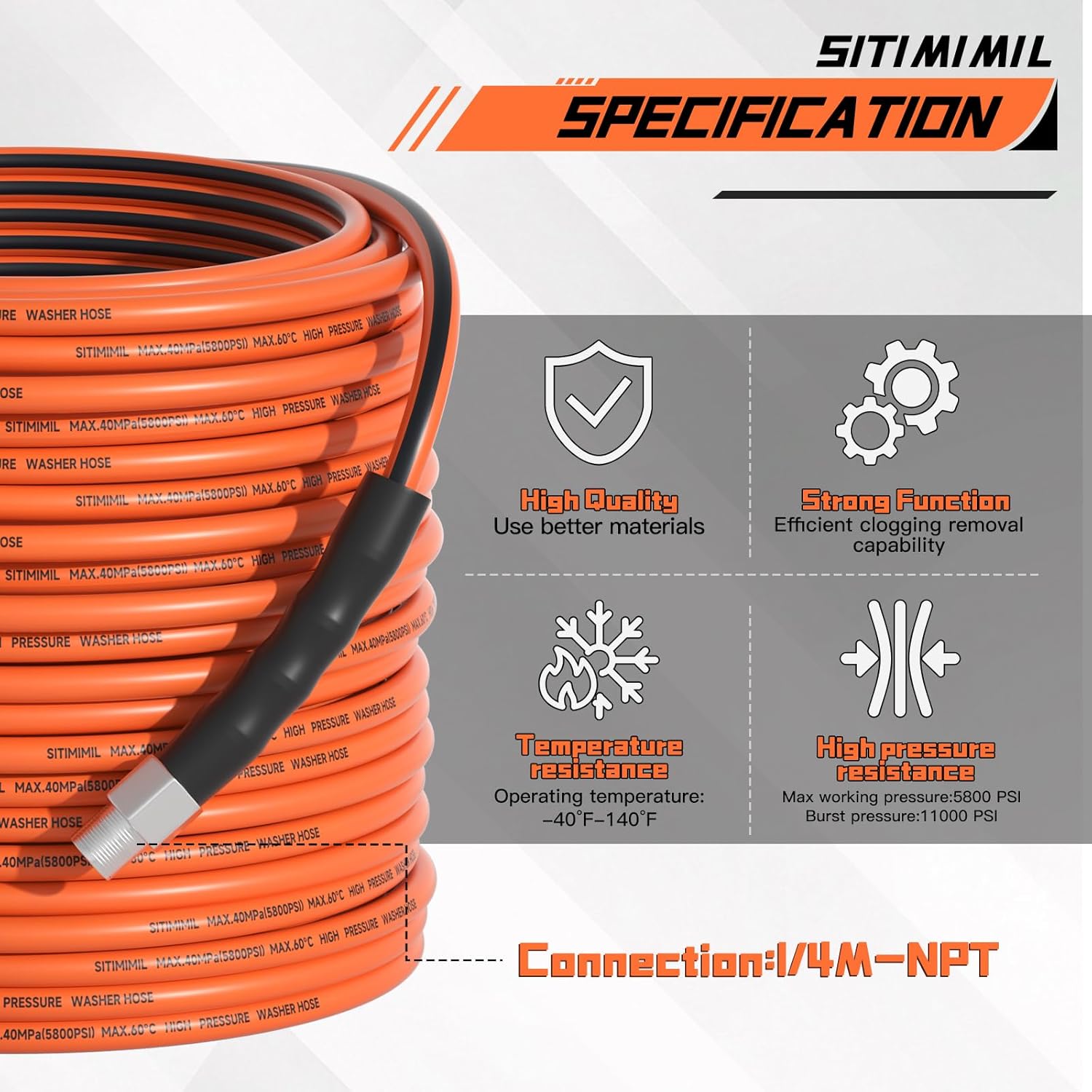 Sewer Jetter Kit for Pressure Washer 50FT,5800psi Drain Cleaner Hose 1/4 Inch Npt Corner, with 5 Sewer Jetting Nozzles Sealing Tape Pearl Corsage Pin Spanner Glove Drain Snake - Image 2