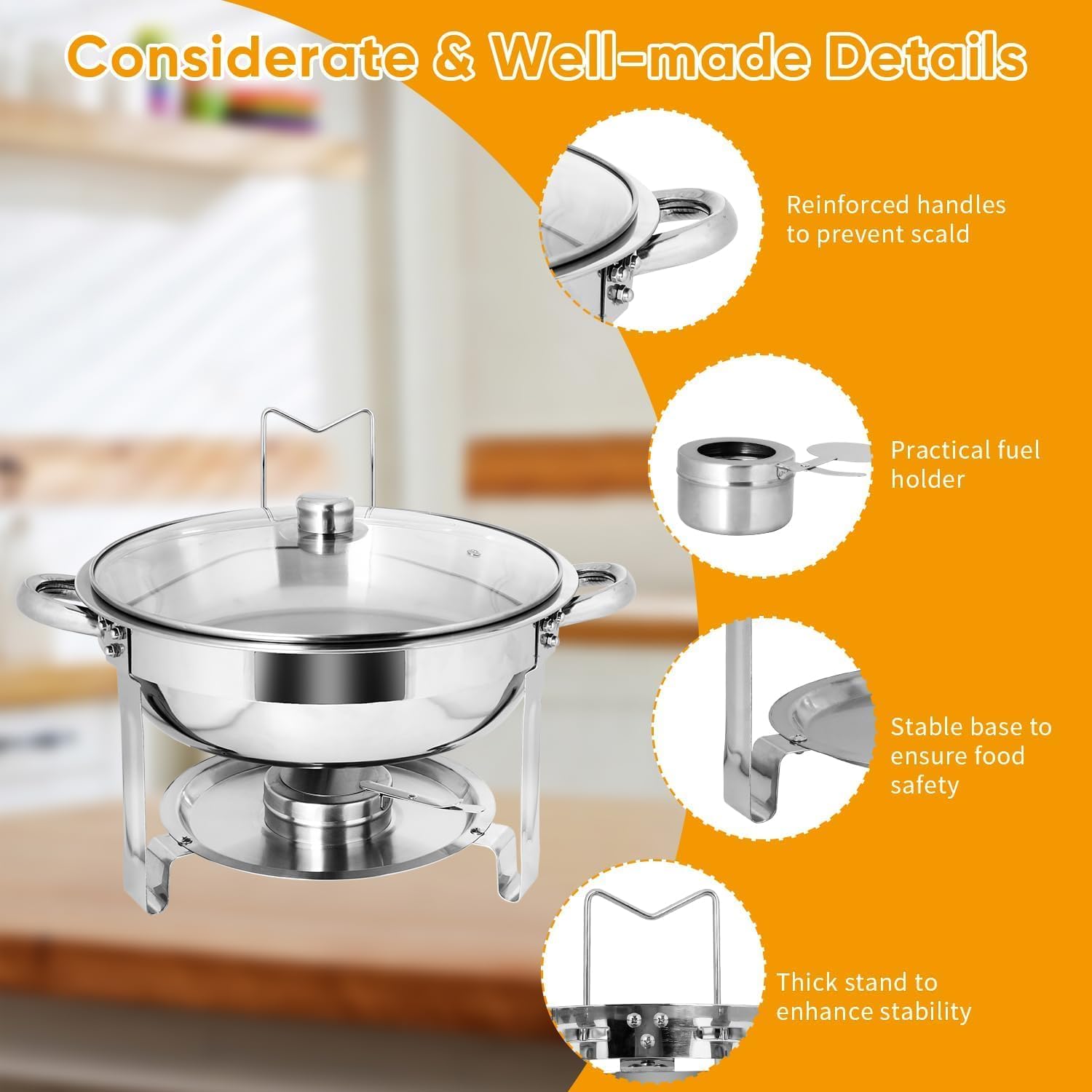 Set di scaldavivande da 5,5 l, 4 pezzi rotondi per catering, con coperchio in vetro, scaldavivande in acciaio inox, per acqua e cibo