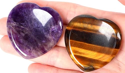 QINJIEJIE 2 piedras de preocupación para la ansiedad, amatista, ojo de tigre, pulgar, corazón, cuarzo, palma, pulido, bolsillo, masaje, gema